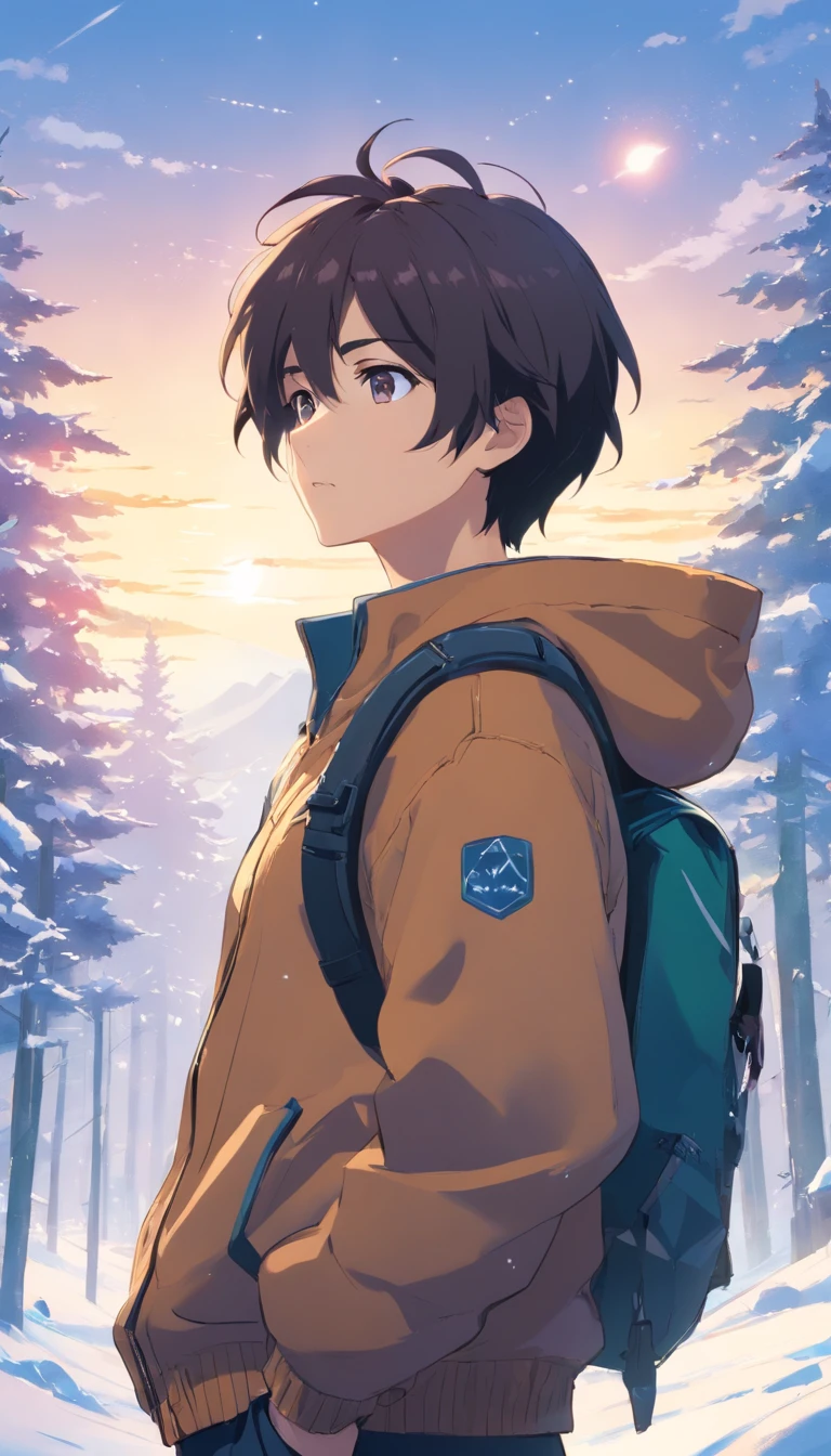 шедевр、Adulte、voyageur du nord、Winks、front、30 ans、Un brun、veste noire、Pantalon noir、torse nu、long cheveux brin,、Proud and determined look、Winks、Eyes drawn in detail、un bel homme fort、Snow-covered mountains、Starrysky、Mystical Light、dramatic light、Cinematic power、