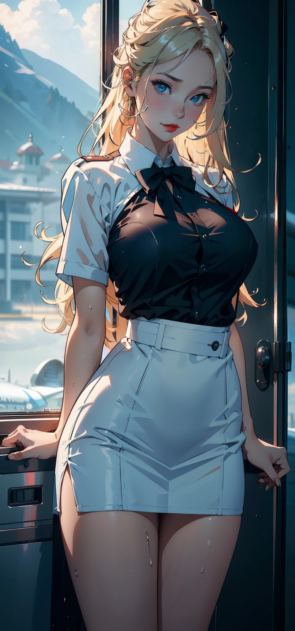 1womanl，33yo，熟妇，Bigchest，Raised sexy，Pornographic exposure， 独奏，Beauty contests，standing on your feet（Background with：Red flags flying，the sea，snow mountains，warships，at winter season，Blizzarding，Big snowflakes）On warships， She has long blonde hair，Long hair flutters in the wind，Redlip，dynamicposes，Sweat profusely，drenched all over the body，seen from the front， hair straight， mostly cloudy sky，（（（tmasterpiece），（Very detailed CG unity 8K wallpaper），best qualtiy，cinmatic lighting，detailed back ground，beatiful detailed eyes，Bright pupils，（Very fine and beautiful），（Beautiful and detailed eye description），Blue eyes，Redlip，ultra - detailed，tmasterpiece，）），facing at camera，（The upper part of the body），A high resolution，ultra - detailed），revealing breasts，Bare genitalia，  Bulge，legs are open，sexyposture，Camel toes，Flushed complexion，Open-mouthed，frontage，Japanese flight attendant（Wearing：White transparent flight attendant uniform，Sexy miniskirt）