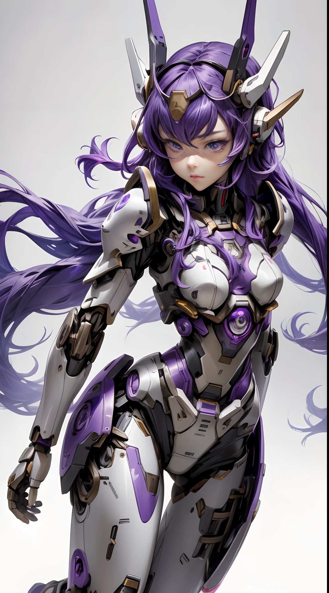 mecha musume, mechanical parts, robot joints, headgear, full armor,1girl, solo, (masterpiece, best quality, high quality, highres, ultra-detailed), purple color