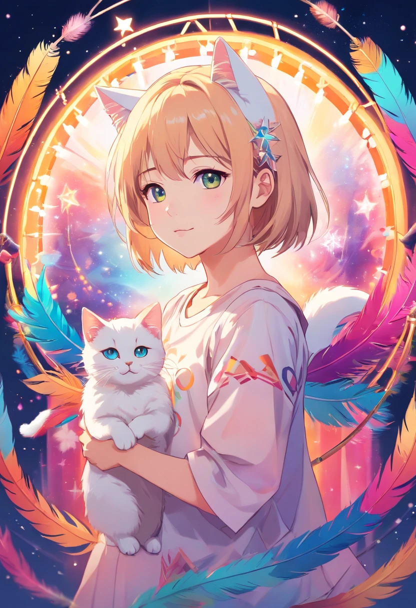 （White cat in the circle of colorful dream catchers），"T-shirt design with circular silhouette of cat face, Crescent, and stars in the