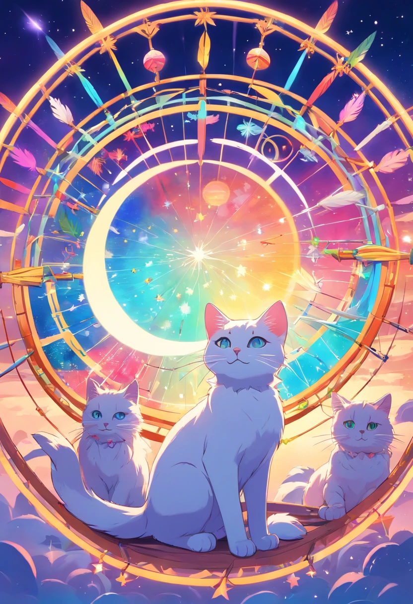 (White cat in the circle of colorful dream catchers),"T-shirt design with circular silhouette of cat face, Crescent, and stars in the