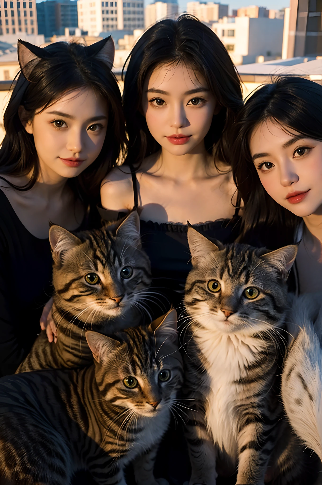 Cartoon, Disney style, oil painted, Intricate, Two adult cats, Three kittens, on a rooftop, Can feature portraits, kindness, Beauty, softness, Big beautiful eyes, voluminetric lighting, Beautiful, rich deep color, Masterpiece, Sharp focus, Ultra detailed, astrophotography