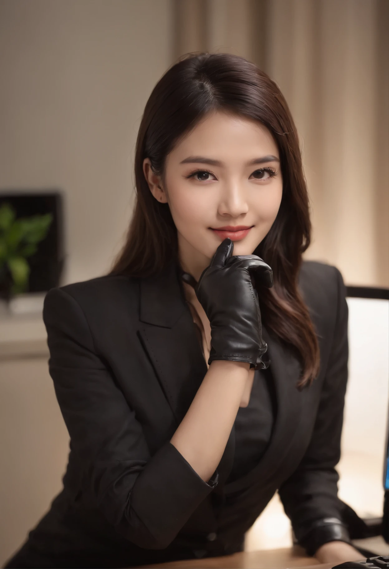 Wearing black leather gloves in both hands, upper body, black business suit, facing the desk in my room with a computer in the dark, looking down and smiling, operating the computer with the fingertips of black leather gloves, black hair bundled at the back for a long time, still young and very cute Japanese female new employee (black leather gloves cover both hands)