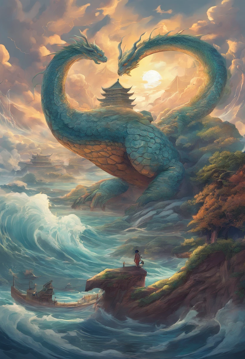 China-style,Chinese mythology,Dragon turtle,Longhorn faucet,Turtle body,Heavy tortoiseshell shell,The tail of the snake grows out,has horns on its head,tosen,Ferocious,gargantuan,The eyes glow blue light,the sea,Huge waves,surrounded by cloud,中景 the scene is,Full body like, highly detailed surreal vfx,oc rendered, - AR 16:9 --q 2 --s 1000