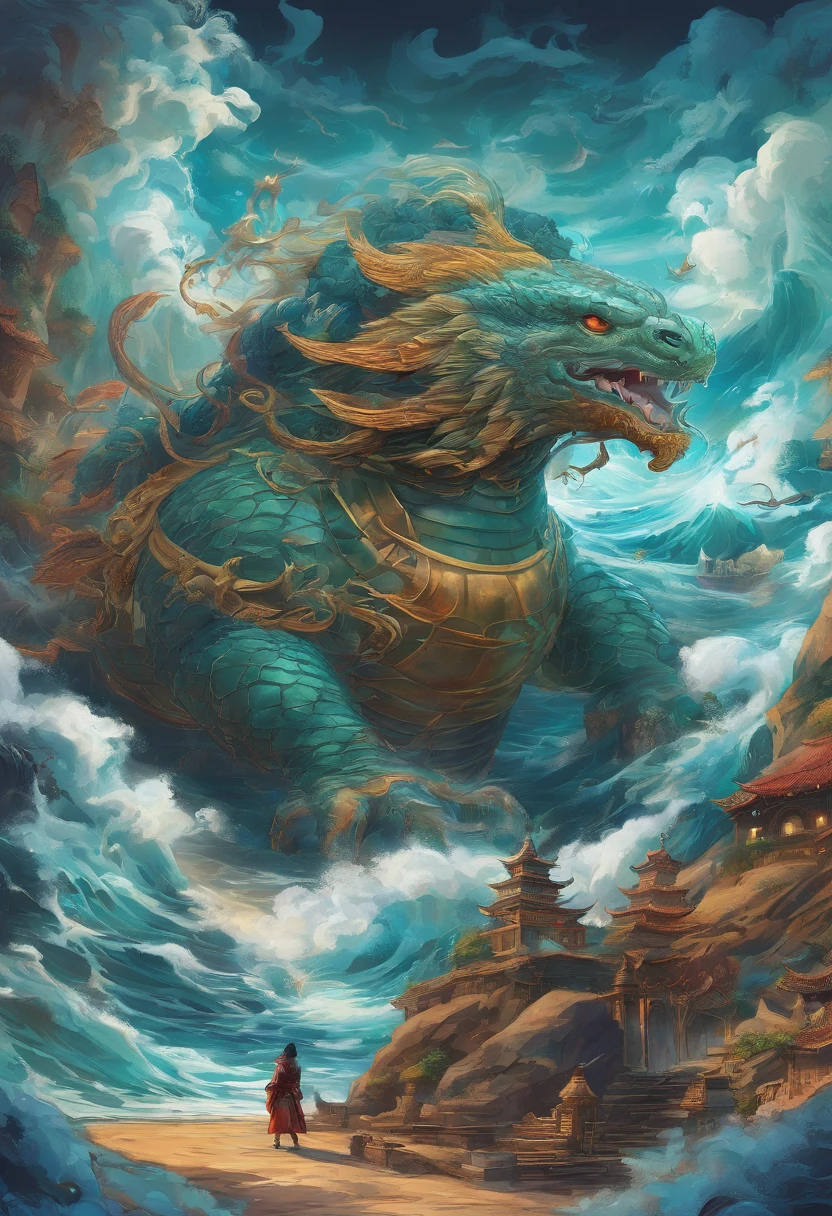 China-style，Chinese mythology，Dragon turtle，Longhorn faucet，Turtle body，Heavy tortoiseshell shell，The tail of the snake grows out，has horns on its head，tosen，Ferocious，gargantuan，The eyes glow blue light，the sea，Huge waves，surrounded by cloud，中景 the scene is，Full body like， highly detailed surreal vfx，oc rendered， - AR 16:9 --q 2 --s 1000