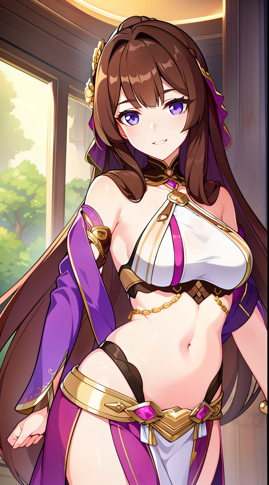 young girl, Long brown hair, Heterochromia, golden and purple eyes, Purple robe, Sleeveless, Deep neckline on the chest, open breasts, open belly, ssmile, Masterpiece, hiquality, high detail, HD, 4k