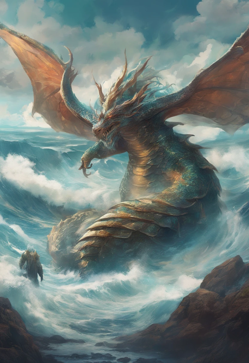 China-style,Chinese mythology,Dragon turtle,Longhorn faucet,Turtle body,Heavy tortoiseshell shell,The tail of the snake grows out,has horns on its head,tosen,Ferocious,gargantuan,The eyes glow blue light,the sea,Huge waves,surrounded by cloud,中景 the scene is,Full body like, highly detailed surreal vfx,oc rendered, - AR 16:9 --q 2 --s 1000