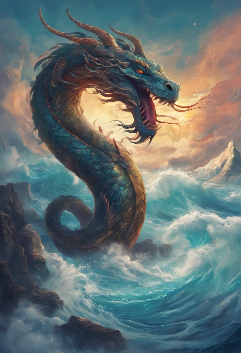 China-style，Chinese mythology，Dragon turtle，Longhorn faucet，Turtle body，Heavy tortoiseshell shell，The tail of the snake grows out，has horns on its head，tosen，Ferocious，gargantuan，The eyes glow blue light，the sea，Huge waves，surrounded by cloud，中景 the scene is，Full body like， highly detailed surreal vfx，oc rendered， - AR 16:9 --q 2 --s 1000