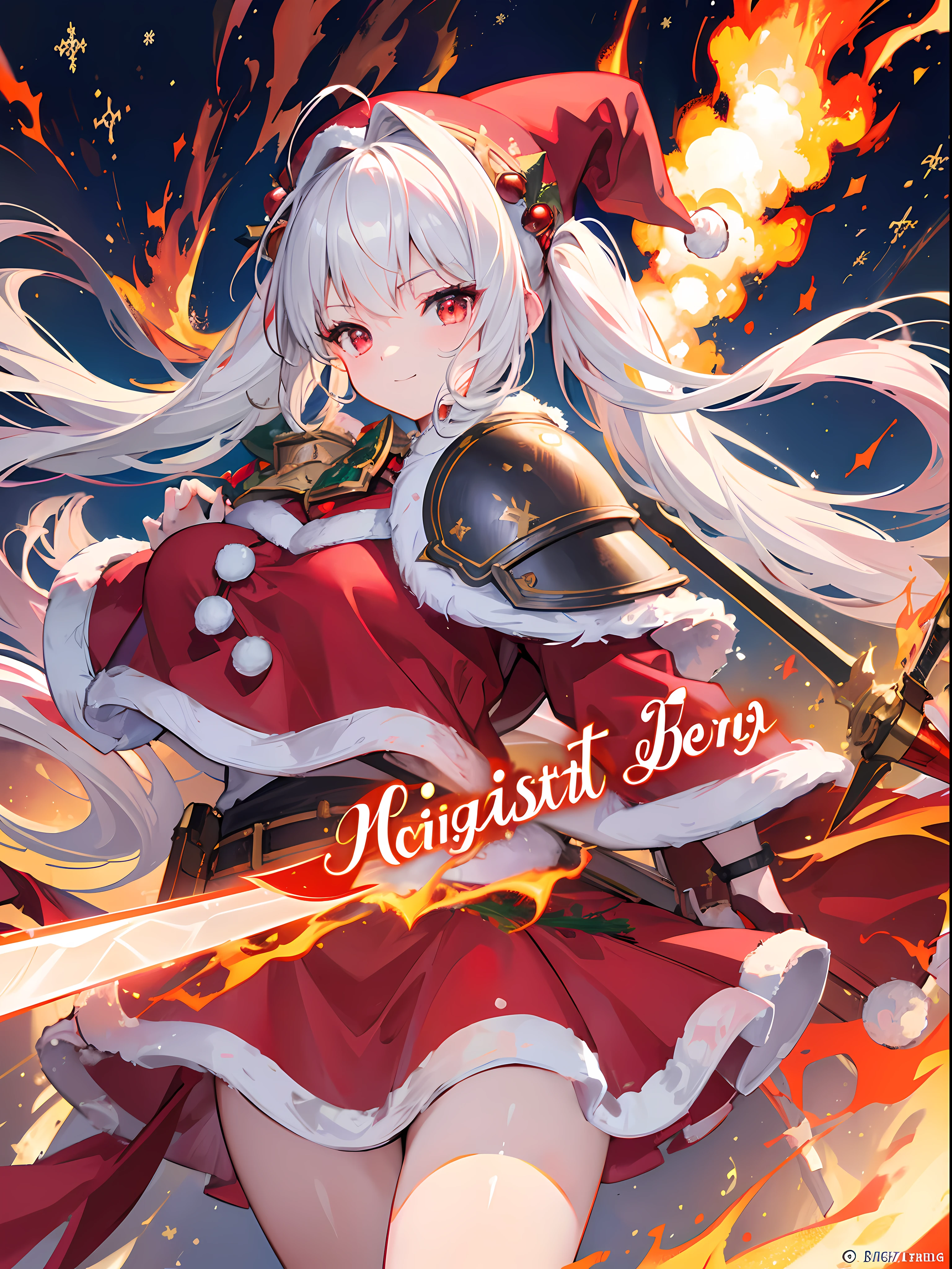 (Best Quality, masterpiece:1.3), Illustrations, Anime, Very high resolution, large filesize, full color, Beautiful detailed glow, Front light, 1girl, Solo, Christmas, (santa hat), ((Santa costume|Knight armor:1.3)), (gigantic sword:1.2), burning sword, Christmas Decorations, Smiling, White hair, Red Eyes, (Twintails), (Burning effects:1.4), Fighting, (Burning Background:1.4), Fire effect around the girl, from right,