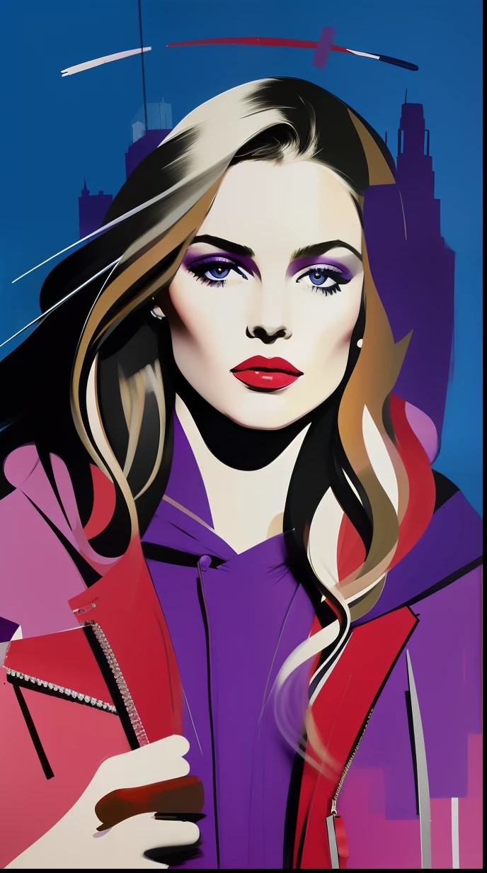 David downton fashion illustration, mustafa soydan art, blonde woman blue eyes, cute, purple hoodie, red leather jacket, feminine, change background day city street, fresh color, artistic brushstrokes