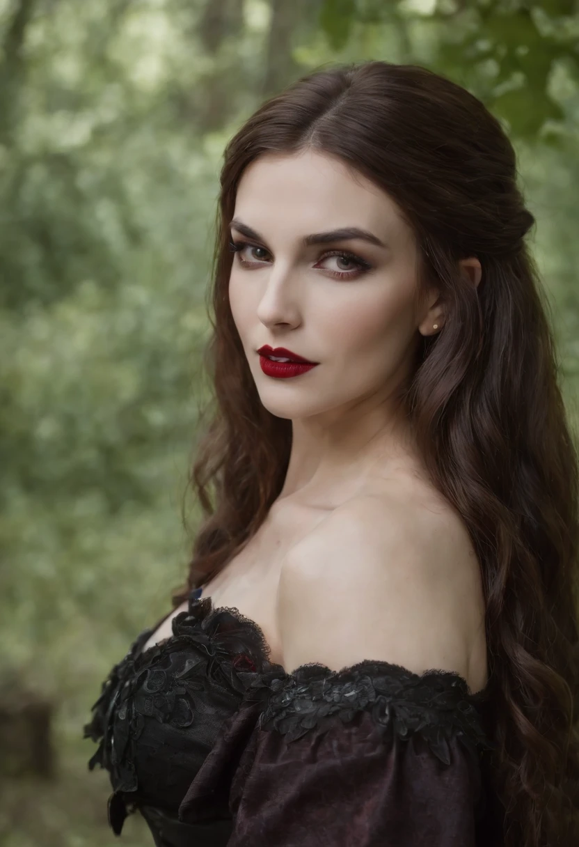 beautiful female vampire, Beautiful female vampire queen, a vampire woman, Vampire Lady Beautiful vampire queen, a woman vampire, carmilla vampire, Bare chest，Showing fangs，The Elder Scrolls Serena costume