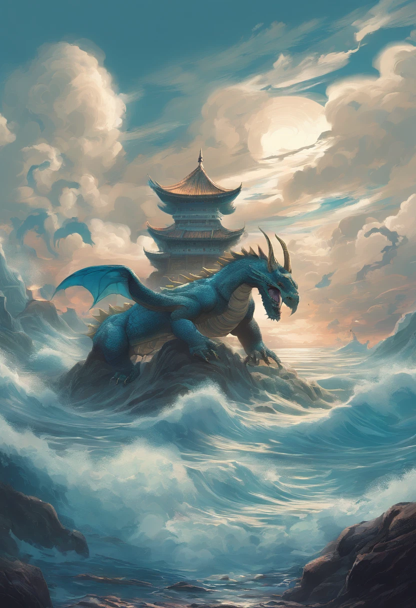 China-style，Chinese mythology，Dragon turtle，Longhorn faucet，Turtle body，Heavy tortoiseshell shell，The tail of the snake grows out，has horns on its head，tosen，Ferocious，gargantuan，The eyes glow blue light，the sea，Huge waves，surrounded by cloud，中景 the scene is，Full body like， highly detailed surreal vfx，oc rendered， - AR 16:9 --q 2 --s 1000