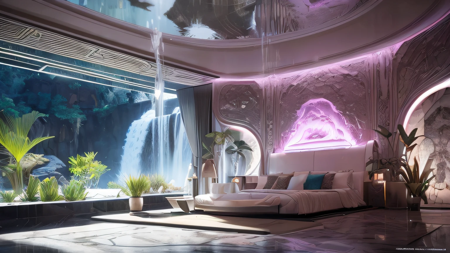 a white male robot. Room with neom lights, balcony for alien life. alien city. White and Pink, 8K, Realistic photo, male robot, deep color, fantastical, intricate detail, splash screen, complementary colors, 8k resolution trending on Artstation Unreal Engine 5", incredible black luxurious futuristic bedroom interior in Ancient Egyptian style with many (((lush plants))) (lotus flowers), ((palm trees)), rocky walls, (egyptian hieroglyphs and ornaments), ((sand)), ((waterfalls)), (marble), ((precious minerals)), ((metals)), (gemstones), crystals, clouds and ((water)), (curvy futuristic furniture), crocodiles, (((ultra luxury))), (black marble) – with ((beautiful lights)), Unreal Engine, HQ, 16k