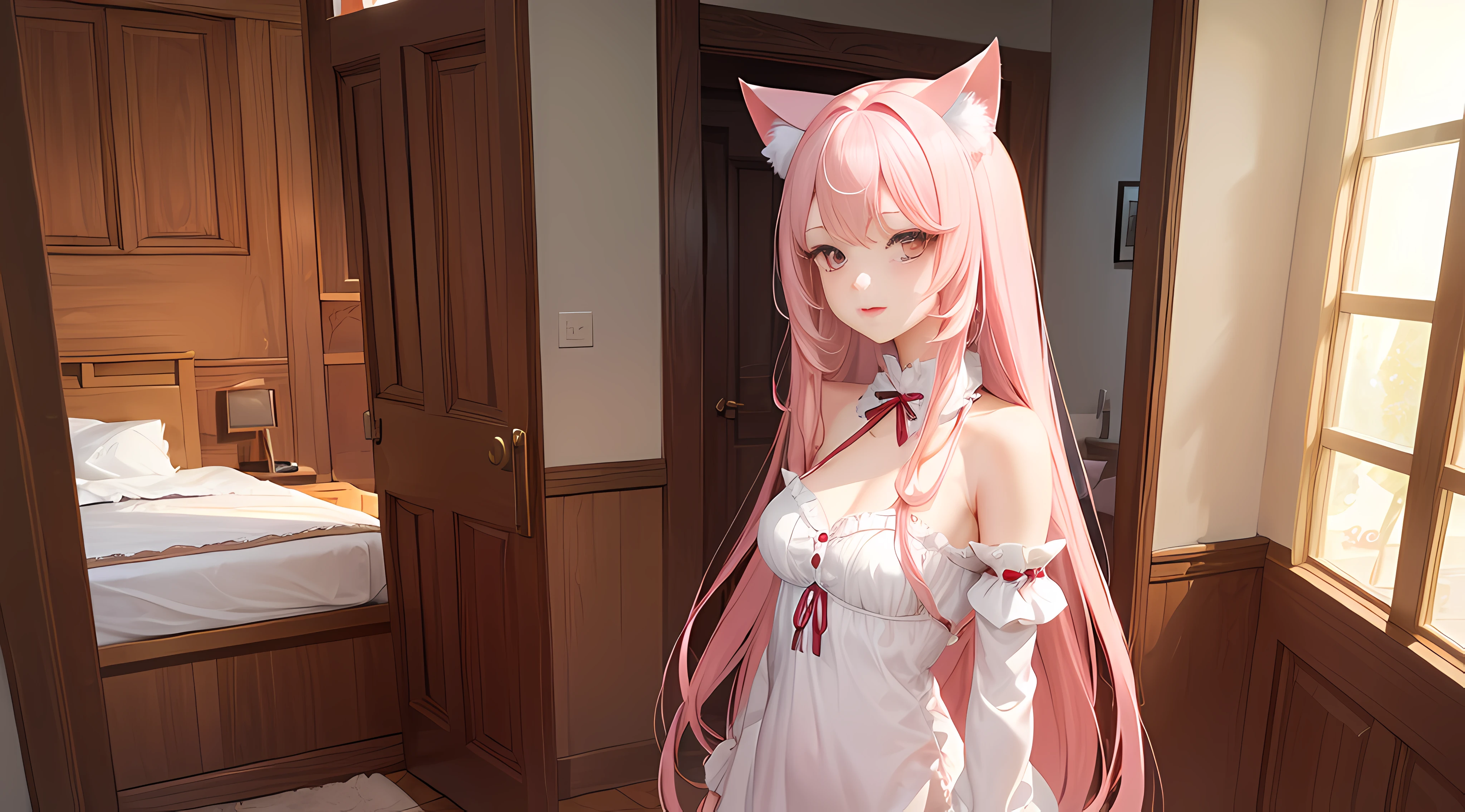 ((Masterpiece,Best quality)),1girll,Beautiful detailed eyes, Detailed face, (full bodyesbian:1.2), Long pale pink hair, Red eyes,small size breasts, cat ear，Stand in the doorway of the bedroom，