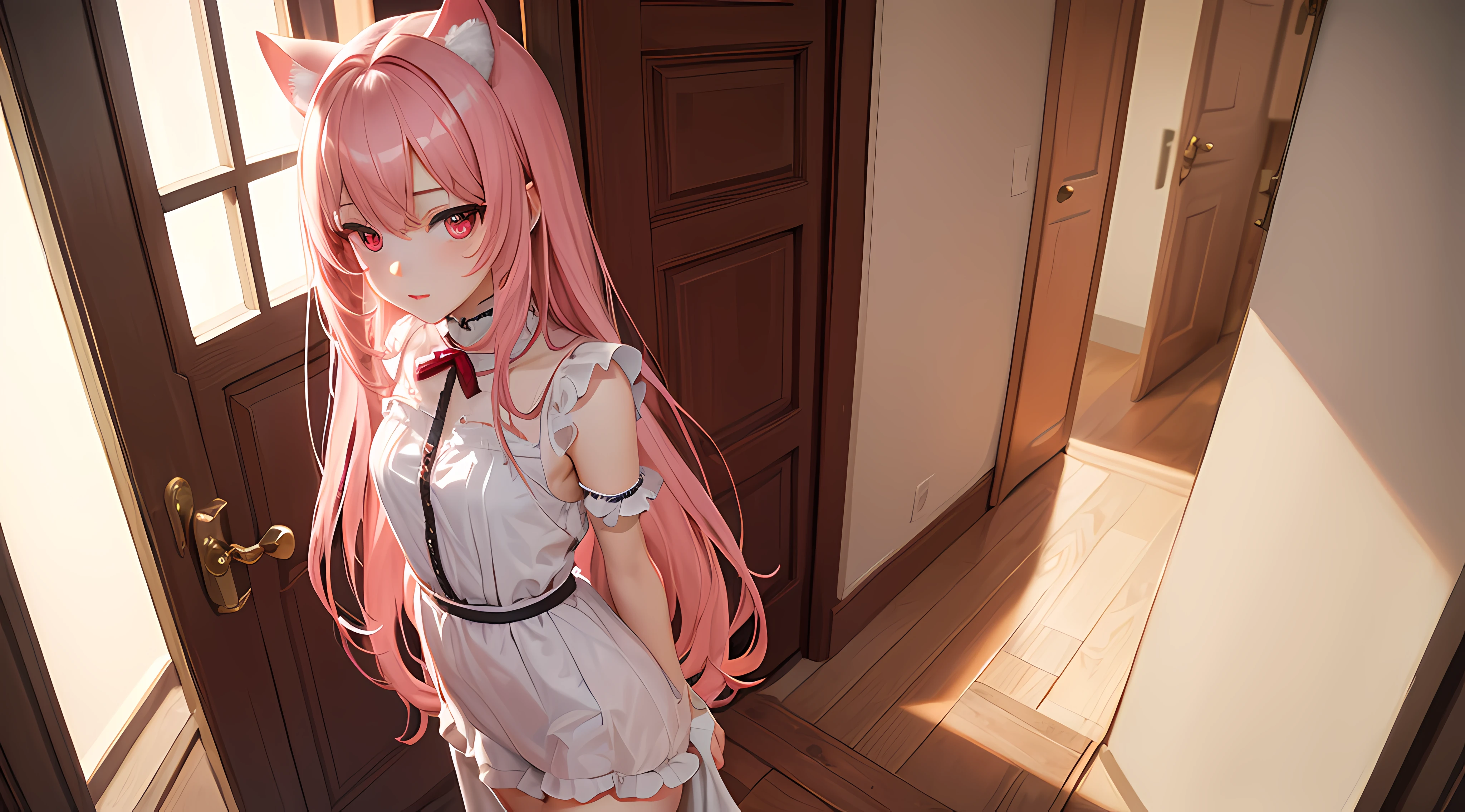 ((Masterpiece,Best quality)),1girll,Beautiful detailed eyes, Detailed face, (full bodyesbian:1.2), Long pale pink hair, Red eyes,small size breasts, cat ear,Stand in the doorway of the bedroom,