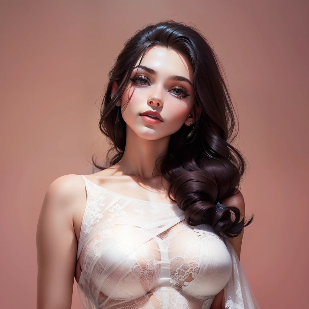 Beautiful young woman with high glamour, transparent dress.