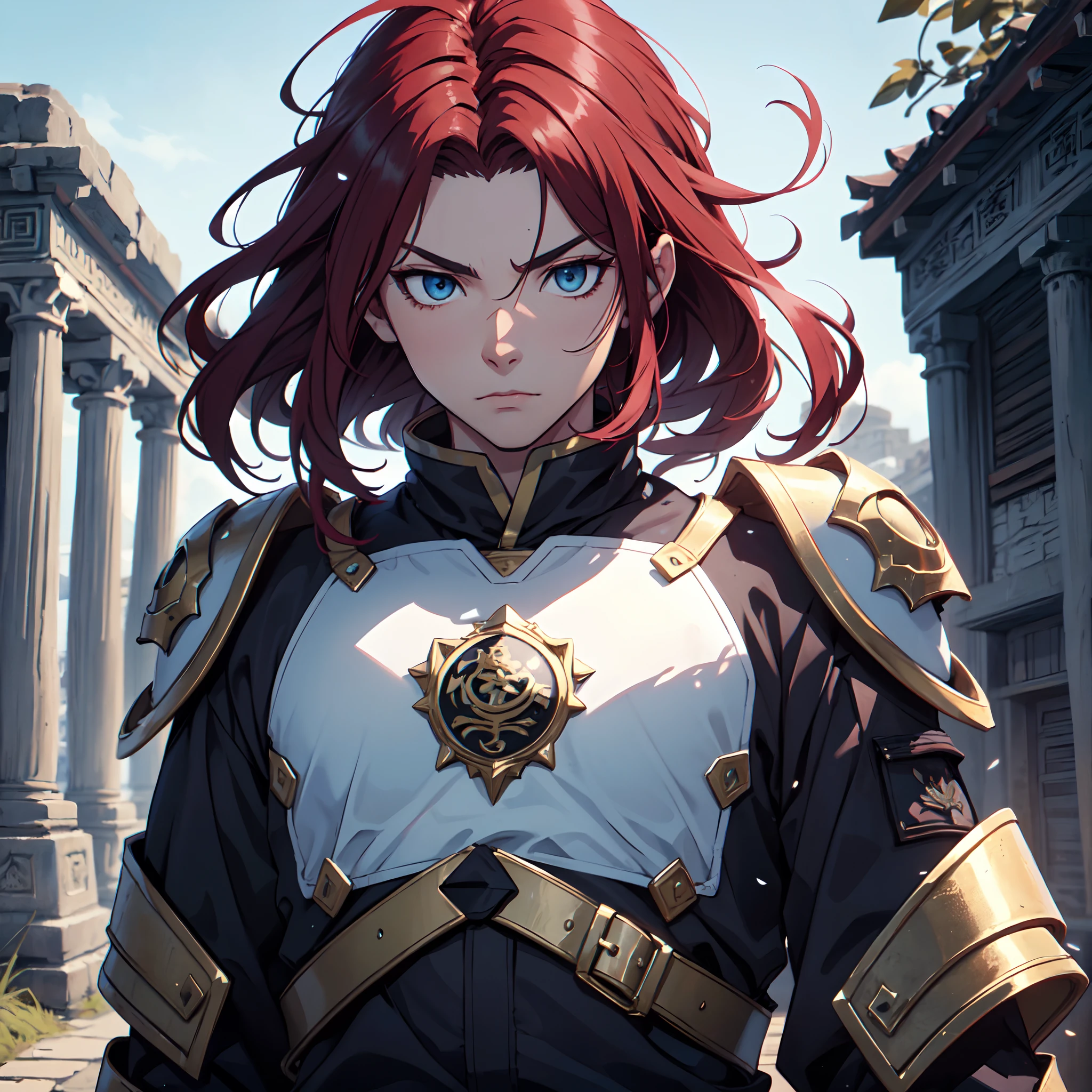 Ultra High Definition, Ultra High Quality, Extremely Detailed, Perfectly Detailed, Masterpiece, 8k, 1 Boy, Look A Like Xin From Kingdom Anime, Handsome, Equipped With All Solid Black Paladin Armor, Solid Light Blue Eyes, Long Red Hair, Body Shot, Ancient Kingdom Background