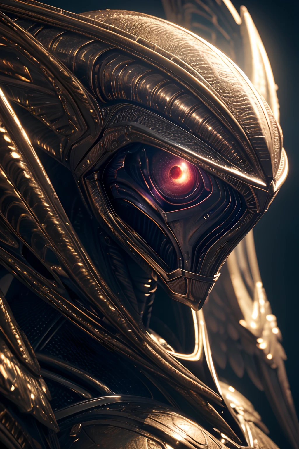 Alien creature close up,high detail,knight suit,angel wings,masterpiece,detailed,(best quality,4k,8k,highres,masterpiece:1.2),ultra-detailed,realistic:1.37,portrait,vivid colors,warm colors,sharp focus,studio lighting