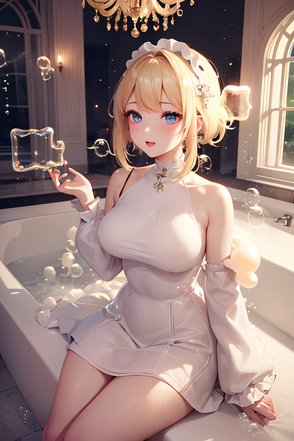absurderes, (独奏:1.5,)ultra-detailliert,bright colour, extremely beautiful detailed anime face and eyes, view straight on, ;D, shiny_skin,25 years old, Short hair, , asymmetrical bangs, Blonde hair with short twin tails, Shiny hair, Delicate beautiful face, red blush、(Blue eyes), White skin, hair clips, earrings, (Large bathroom:1.3)、Large bathtub、(chandeliers:1.3)、Gold decoration、(foam:1.8)、(huge window:1.3)、(Lots of bubbles:1.6)