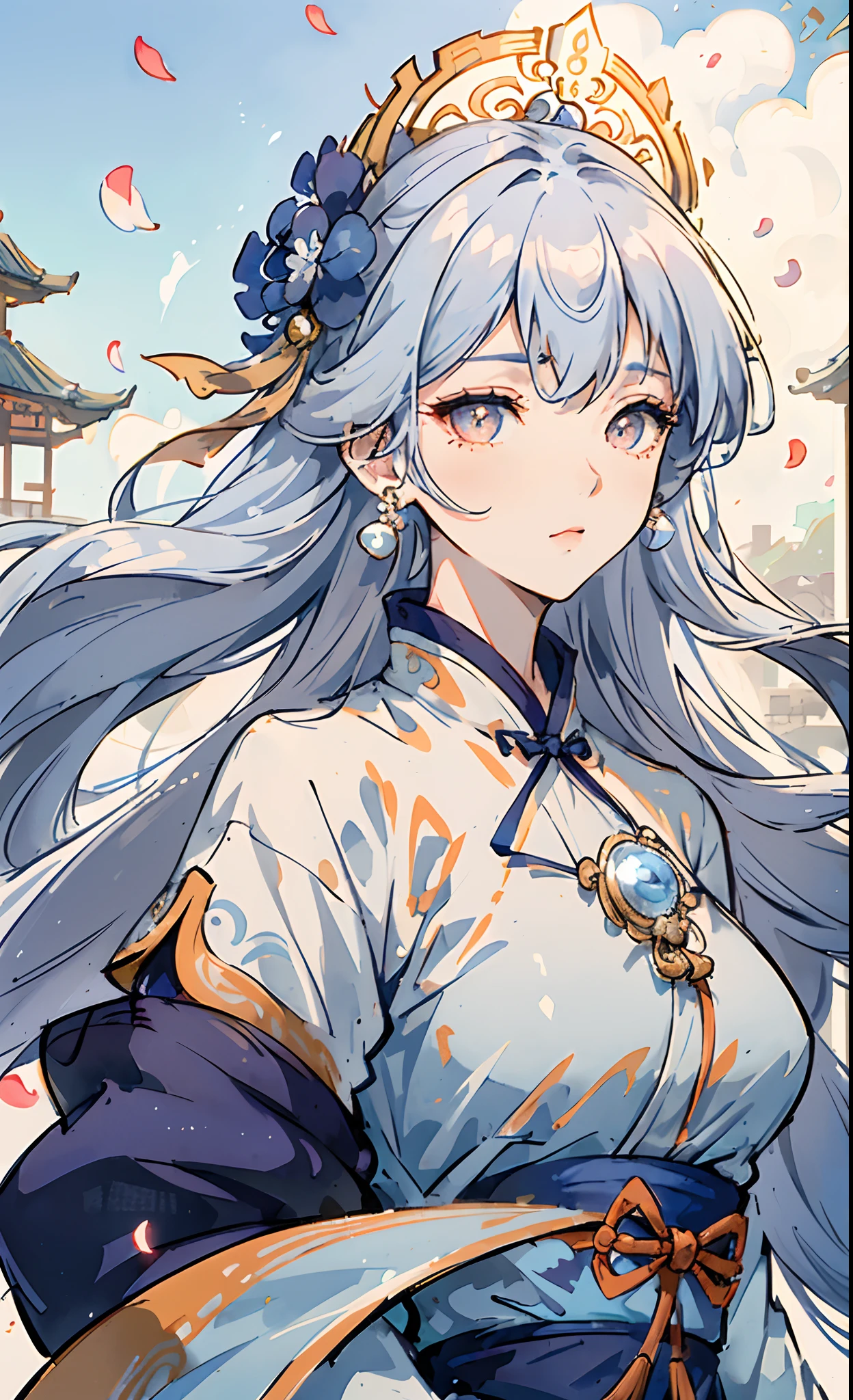 Mature girl , dark orange eyes, blue and white hair color, floating hair, delicate and smart eyes, intricate damask hanfu, gorgeous accessories, wearing pearl earrings, fov, f/1.8, masterpiece, ancient Chinese architecture, blue sky, flower petals flying, front portrait shot, Chang'e, side lighting, sunlight on people, 8K