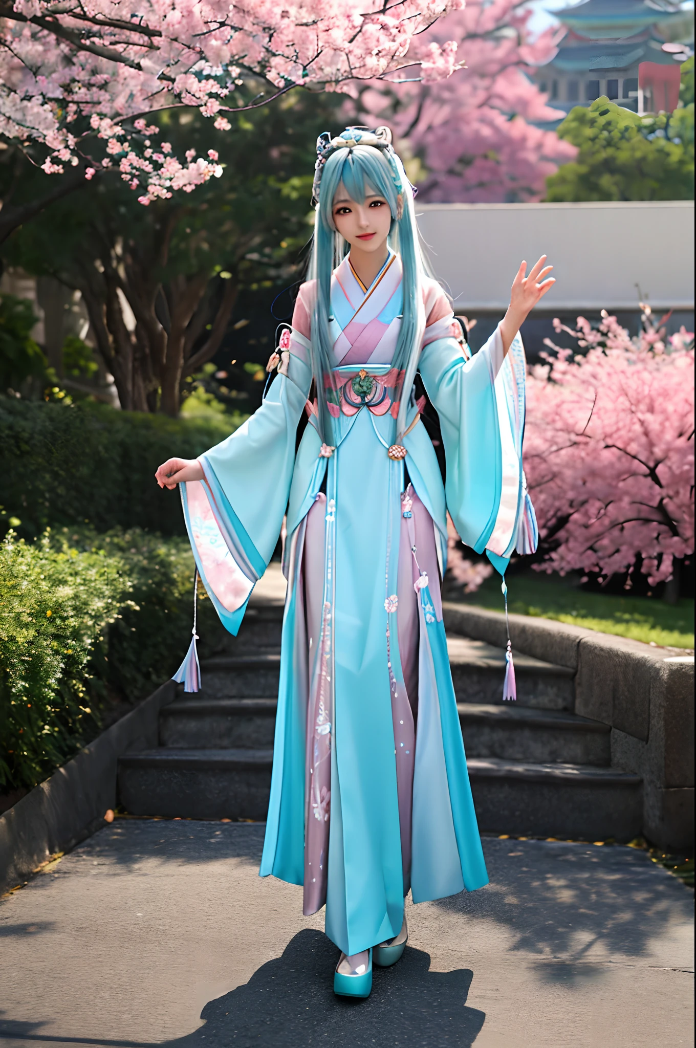 a close up of pastel Hatsune Miku with pale silver and blue highlights gradient long hair wearing a teal dress, a beautiful fantasy empress, palace , a girl in pastel silver hanfu, ((a beautiful fantasy empress)), silver anime goddess, beautiful fantasy anime, beautiful character painting, beautiful alluring anime woman, beautiful anime woman, beautiful anime girl, anime art wallpaper 4 k, ”beautiful anime woman, anime art wallpaper 4k, Menphina from FFXIV surrounded by pink cherry blossoms Sakura
