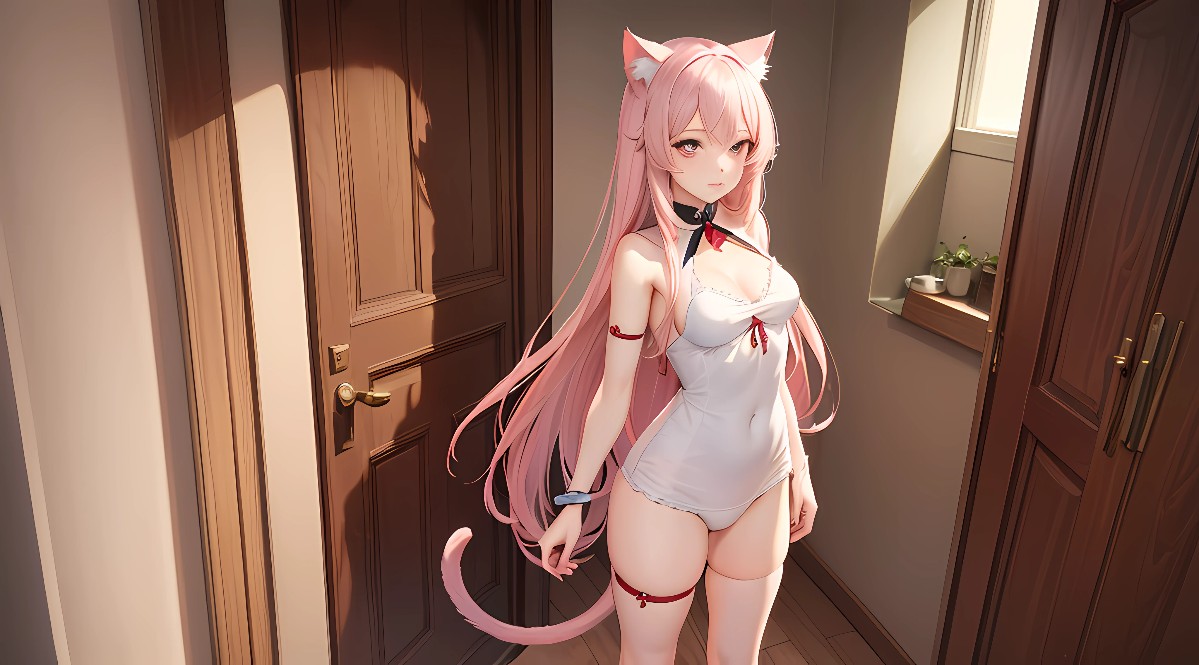 ((Masterpiece,Best quality)),1girll,Beautiful detailed eyes, Detailed face, (full bodyesbian:1.2), Long pale pink hair, Red eyes,small size breasts, cat ear,Standing in the doorway,