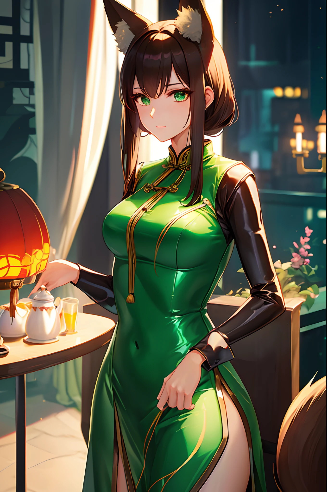 one woman, fox ears, fox tail, mature woman, green eyes, dark brown hair, shiny clothes, Chinese dress, Cheongsam, sexy, SFW, latex