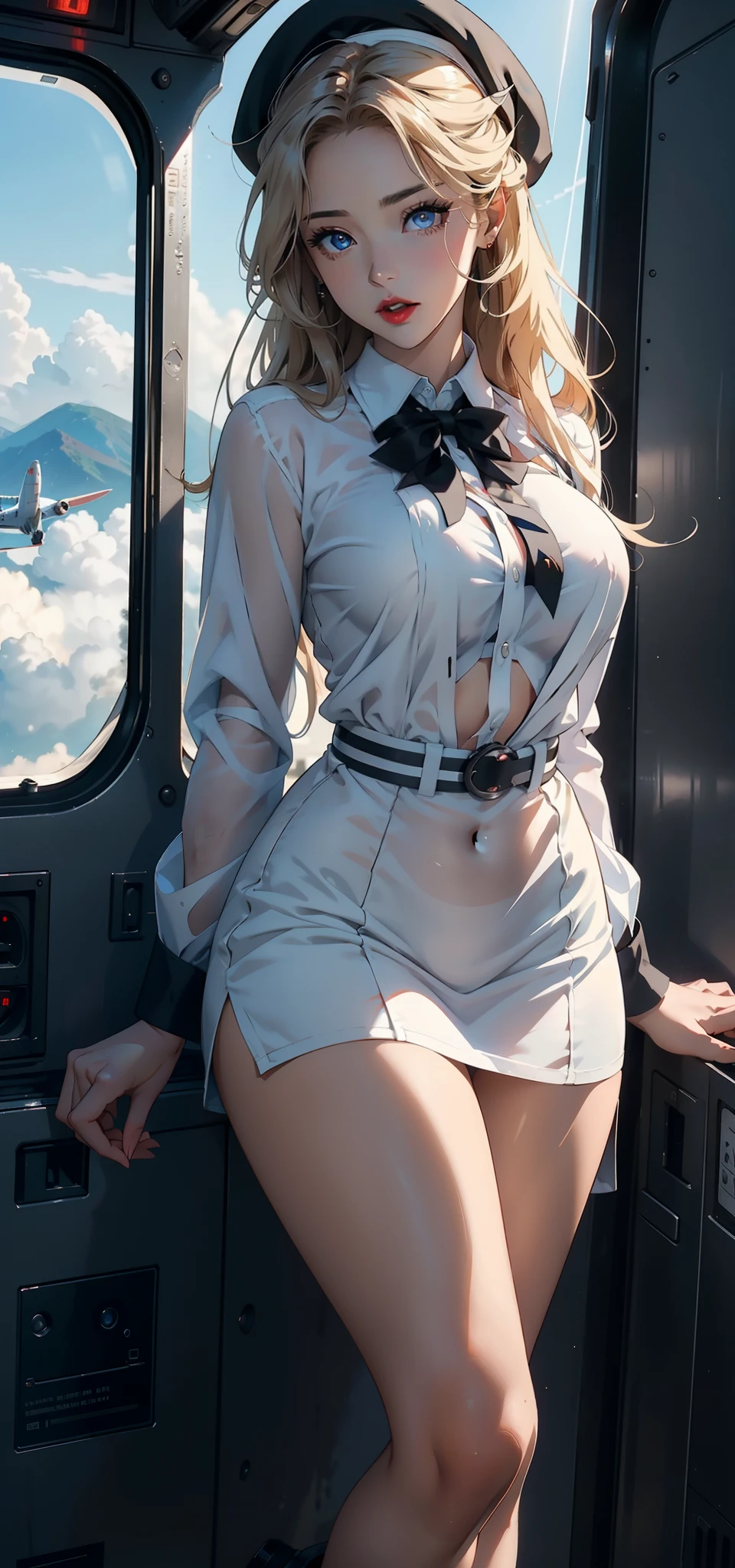 1female，41 years old，熟妇，A MILF，mature，plumw，extremely large bosom ，Pornographic exposure， 独奏，（Background with：The plane is in flight，Planes，inside of a cabin，） She has short blonde hair，bobo head，Stand in the pilot's seat of the aircraft，seen from the front， hair straight， mostly cloudy sky，（（（tmasterpiece），（Very detailed CG unity 8K wallpaper），best qualtiy，cinmatic lighting，detailed back ground，beatiful detailed eyes，Bright pupils，（Very fine and beautiful），（Beautiful and detailed eye description），ultra - detailed，tmasterpiece，）），facing at camera，A high resolution，ultra - detailed），revealing breasts，Bare genitalia，  Bulge，legs are open，Raised sexy，Camel toes，Flushed complexion，Open-mouthed，frontage，us airforce，Aviator，（Wearing：White transparent apron dress，Black pantyhose）The upper part of the body