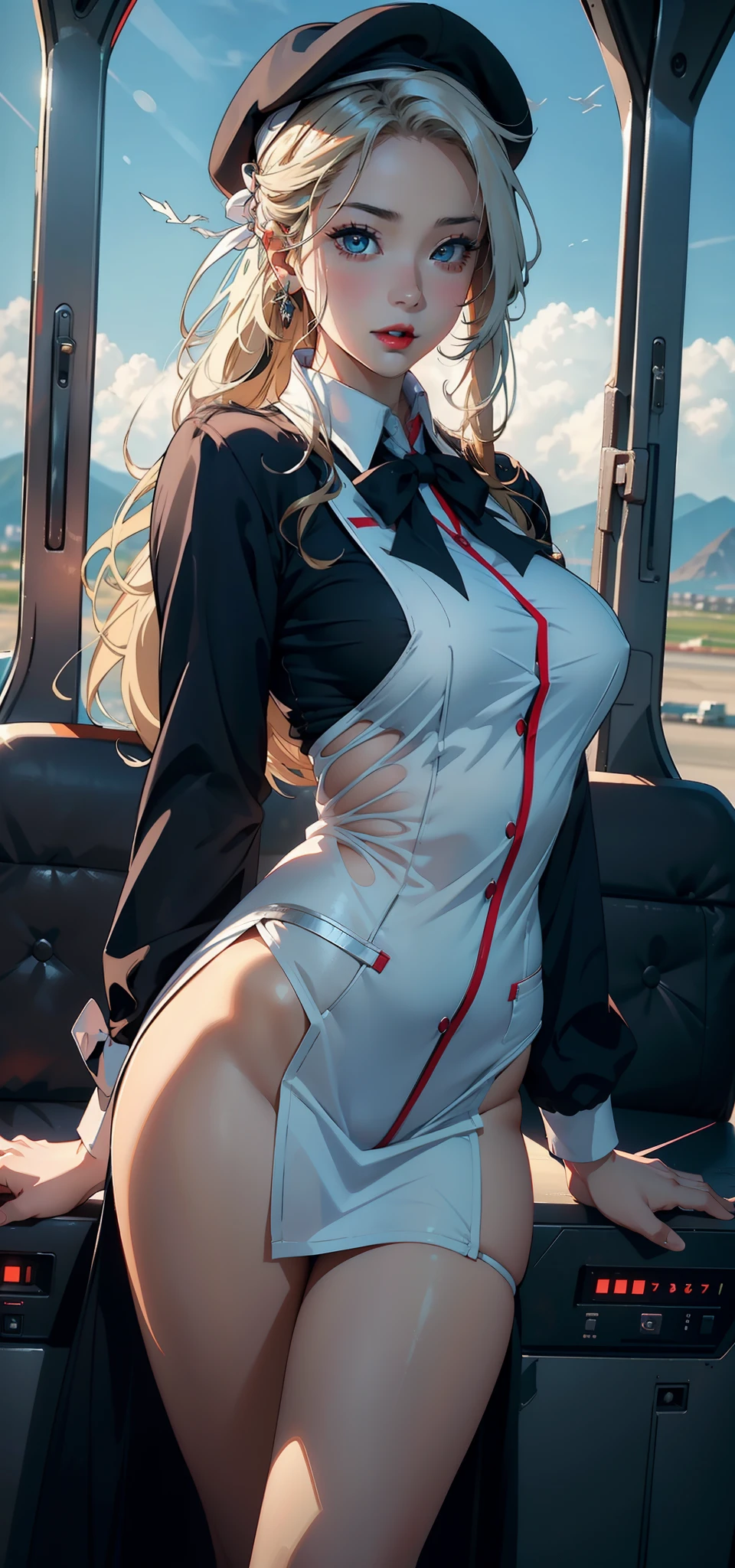1womanl,33yo,熟妇,Bigchest,Raised sexy,Pornographic exposure, 独奏,Beauty contests,standing on your feet(Background with:aerodrome,snow mountains,Planes,at winter season,Blizzarding,Big snowflakes)in an airplane, She has long blonde hair,Long hair flutters in the wind,Redlip,Black girl,dynamicposes,seen from the front, hair straight, mostly cloudy sky,(((tmasterpiece),(Very detailed CG unity 8K wallpaper),best qualtiy,cinmatic lighting,detailed back ground,beatiful detailed eyes,Bright pupils,(Very fine and beautiful),(Beautiful and detailed eye description),Blue eyes,Redlip,ultra - detailed,tmasterpiece,)),facing at camera,(The upper part of the body),A high resolution,ultra - detailed),revealing breasts,Bare genitalia, Bulge,legs are open,sexyposture,Camel toes,Flushed complexion,Open-mouthed,frontage,stewardess,beret(Wearing:White transparent flight attendant uniform,Large colored bow tie,Sexy black miniskirt)