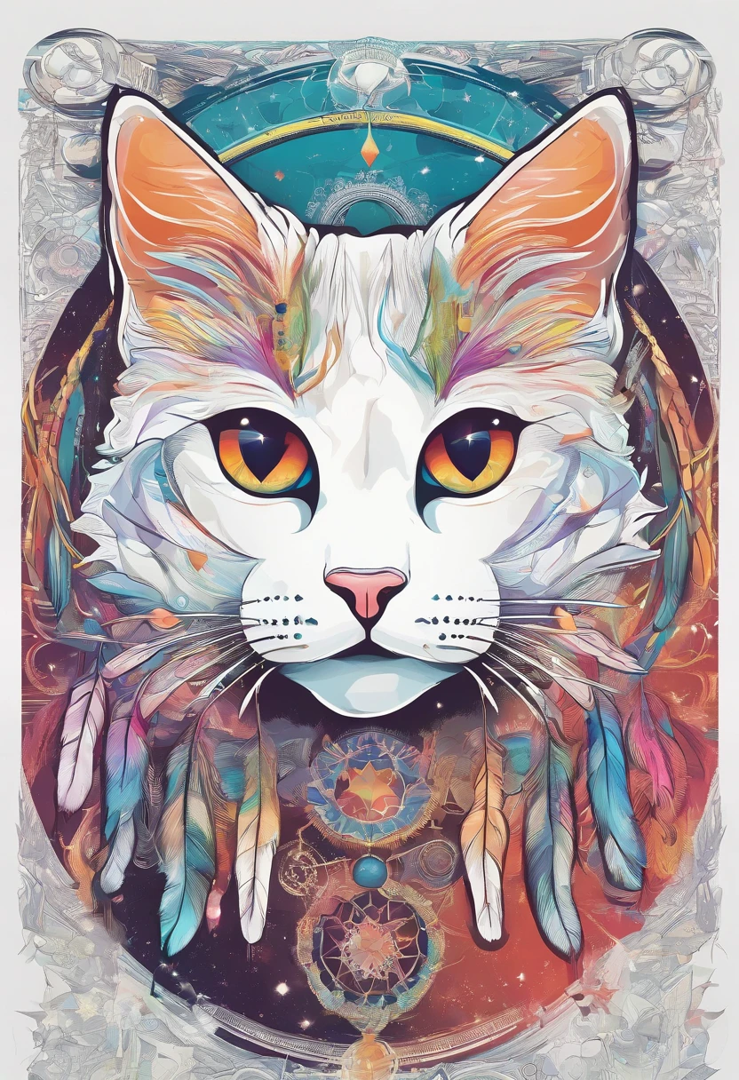 （White cat in the circle of colorful dream catchers），"T-shirt design with circular silhouette of cat face, Crescent, and stars in the