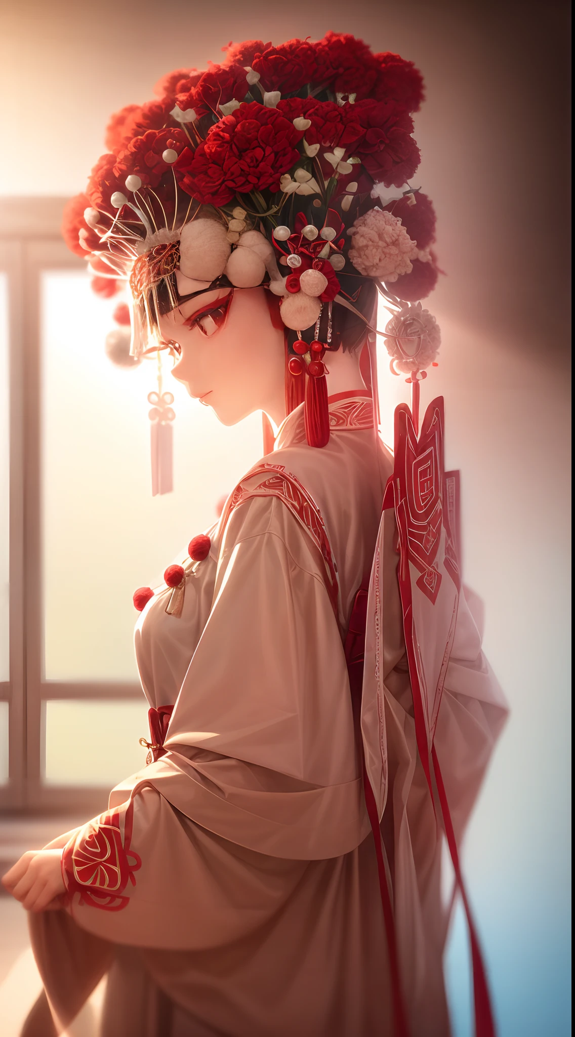 Resolution and quality: 8K, top quality, realistic, medium photography, grainy photos Photography style and effect: Dynamic action, pale and faded style, dreamy nostalgia, soft focus, vignetting, light leak Model information: Cute white facial expressions, delicate makeup, bright sparkling eyes, A female height of 1.8 meters Costumes and accessories: Blue and white Peking Opera costumes, Chinese opera, Peking Opera costumes, red pom-pom headpiece Scenes and backgrounds: Attic interior backgrounds, green waves, red and white color scheme Momentum and emotions: Grand and spectacular, majestic momentum, characters' happy expressions, crazy and complex Techniques and details: Ultra-detailed carving, miniature photography techniques, super realistic photo-level