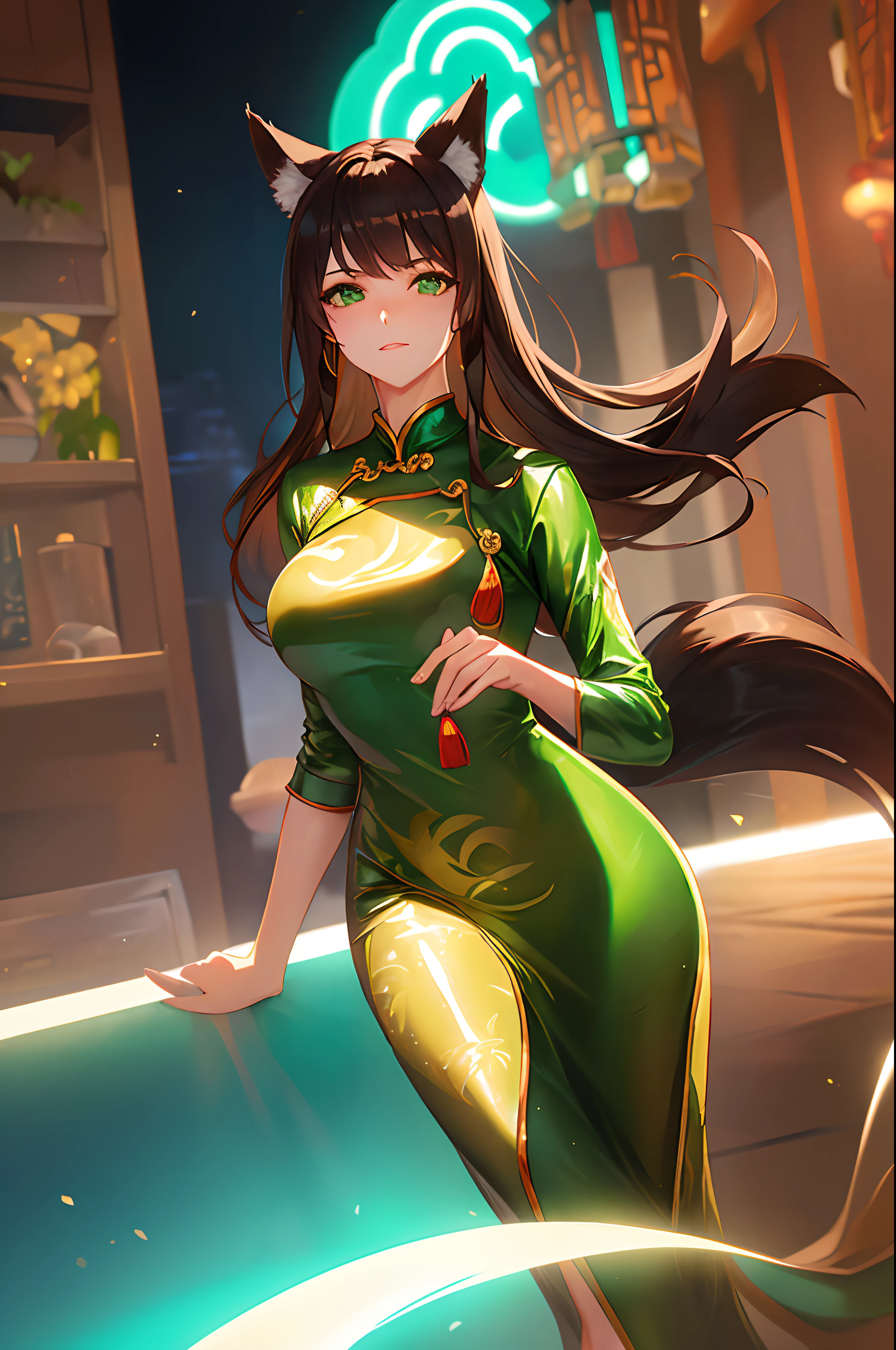 one woman, fox ears, fox tail, mature woman, green eyes, dark brown hair, shiny clothes, Chinese dress, Cheongsam, sexy, SFW, latex