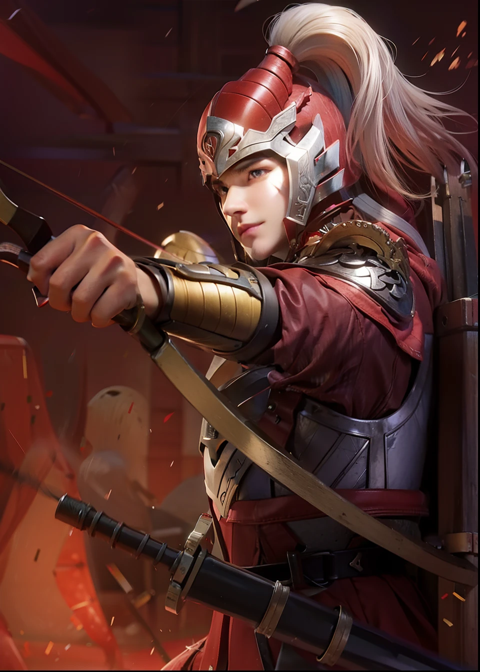 Bow and arrow and red helmet、Man in Armor