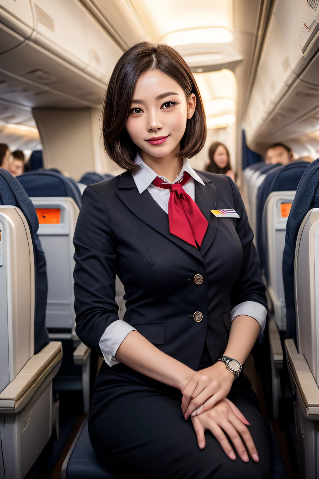 1womanl, 40 years、hyperdetailed face、Detailed lips、A detailed eye、二重まぶた、(Black bob hair、Like an airplane stewardess々Do a good job)、(Stewardess uniform:1.2)、(Glamorous body)、(Colossal tits)、smil、thighs thighs thighs thighs, Perfect fit, Perfect image realism, Background with: (Business Class aisle on airplanes:1.2), Cowboy Shot, In-depth background, detailed costume, Perfect litthing、Hyper-Realism、(Photorealsitic:1.4)、8K maximum resolution, (​masterpiece), ighly detailed, Professional