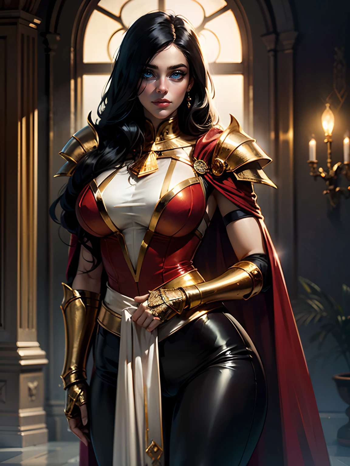 An adult vampire character wearing Gothic armor in black and gold, capa dourada, cabelo dourado, gold-colored eyes, linda, maravilhosa, detalhada, Magnificent, magia, capuz, serious facial expression, diadema, 8k, Flowing golden cape, eclipse