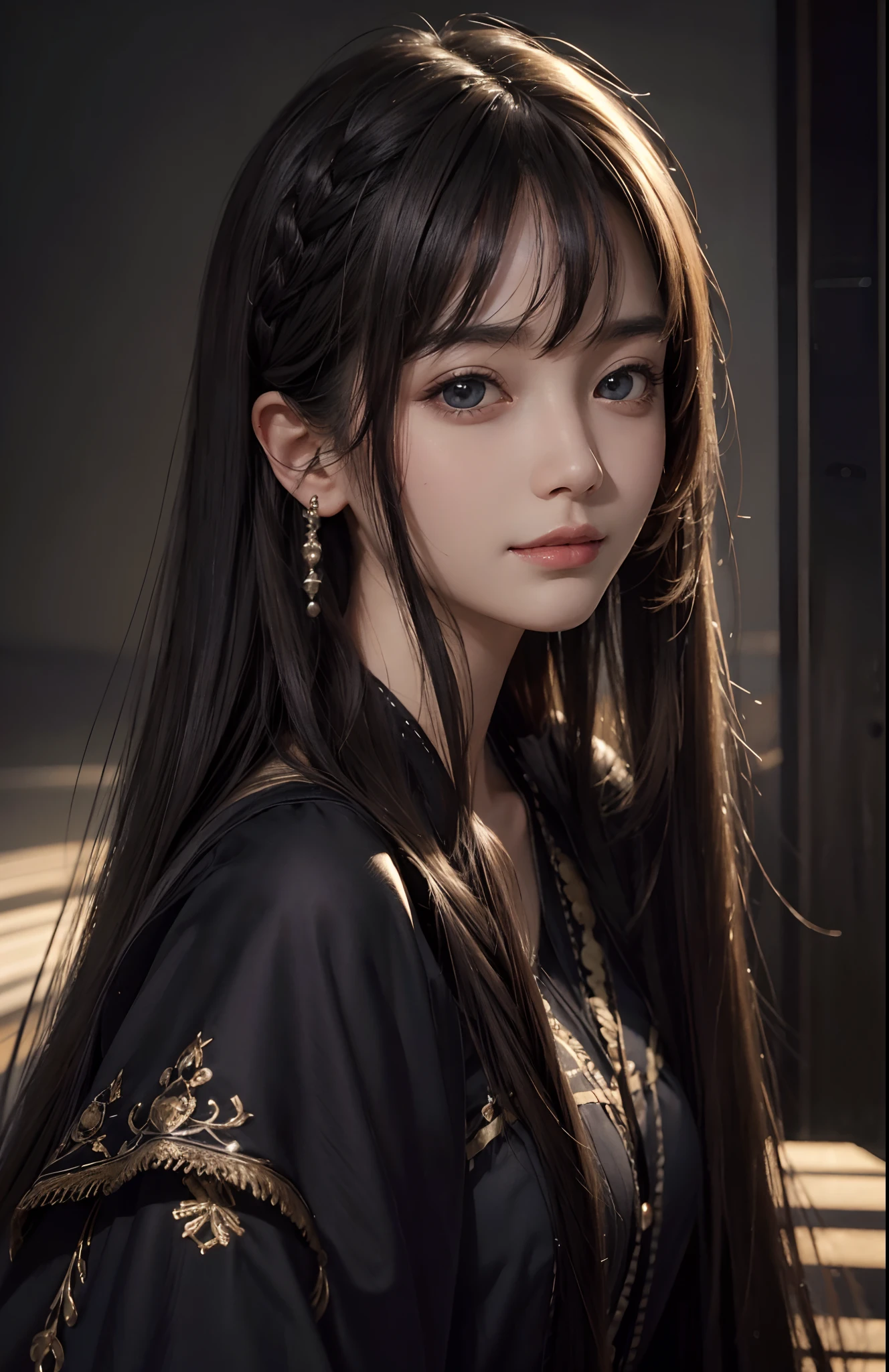 A woman with long hair and a black dress posing for a picture - SeaArt AI