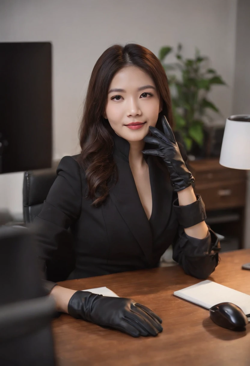 Wearing black leather gloves in both hands, upper body, black business suit, facing the desk in my room with a computer in the dark, looking down and smiling, operating the computer with the fingertips of black leather gloves, black hair bundled at the back for a long time, still young and very cute Japanese female new employee (black leather gloves cover both hands)