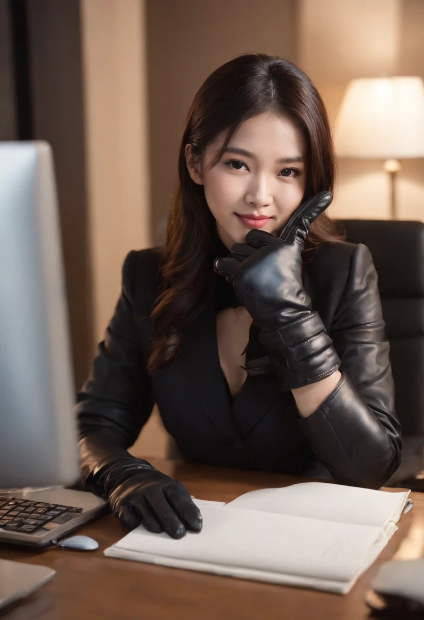 Wearing black leather gloves in both hands, upper body, black business suit, facing the desk in my room with a computer in the dark, looking down and smiling, operating the computer with the fingertips of black leather gloves, black hair bundled at the back for a long time, still young and very cute Japanese female new employee (black leather gloves cover both hands)