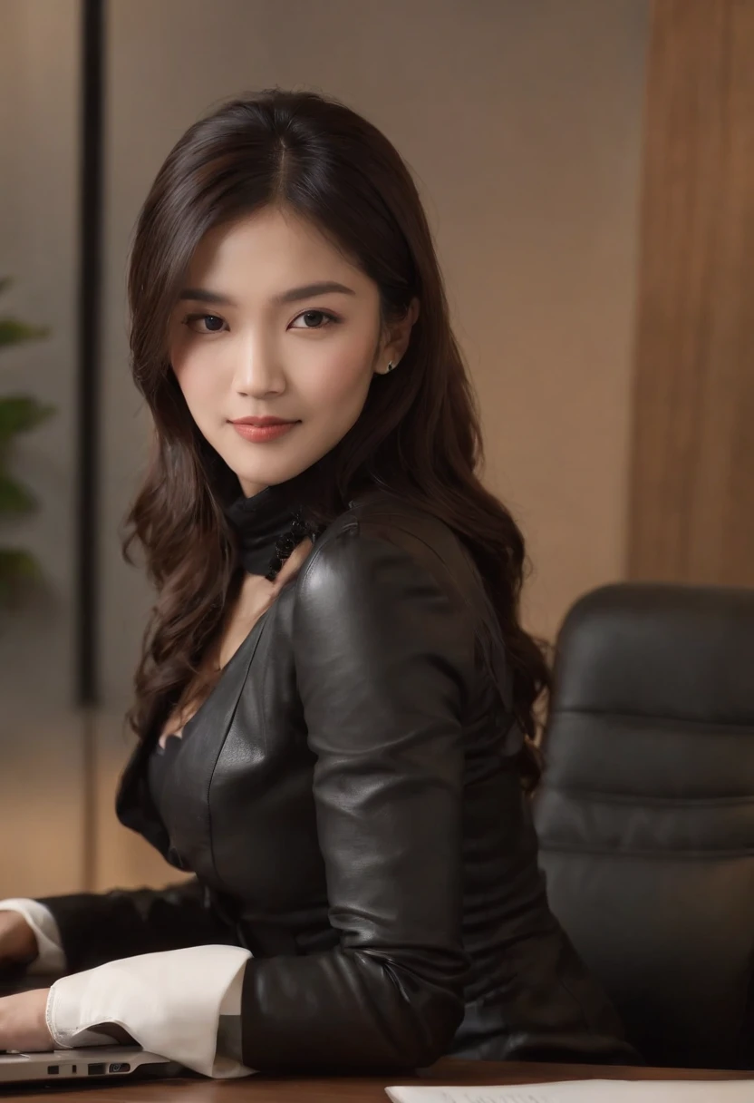 Wearing black leather gloves in both hands, upper body, black business suit, facing the desk in my room with a computer in the dark, looking down and smiling, operating the computer with the fingertips of black leather gloves, black hair bundled at the back for a long time, still young and very cute Japanese female new employee (black leather gloves cover both hands)