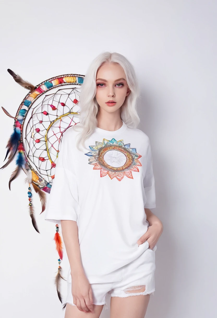 (White cat in the circle of colorful dream catchers),"T-shirt design with circular silhouette of cat face, Crescent, and stars in the