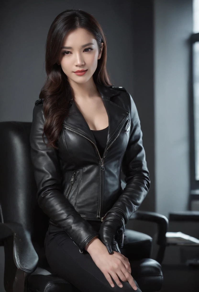 Black leather gloves are worn in both hands Upper body Black leather rider's jacket Black leather skinny pants Black leather long boots Necklace on the chest Smile at the desk in the modern study in the dark, long straight black hair Young Japanese woman (black leather gloves cover both hands) With the fingers of black leather gloves, sitting on a leather chair, working on the computer, staring at the screen