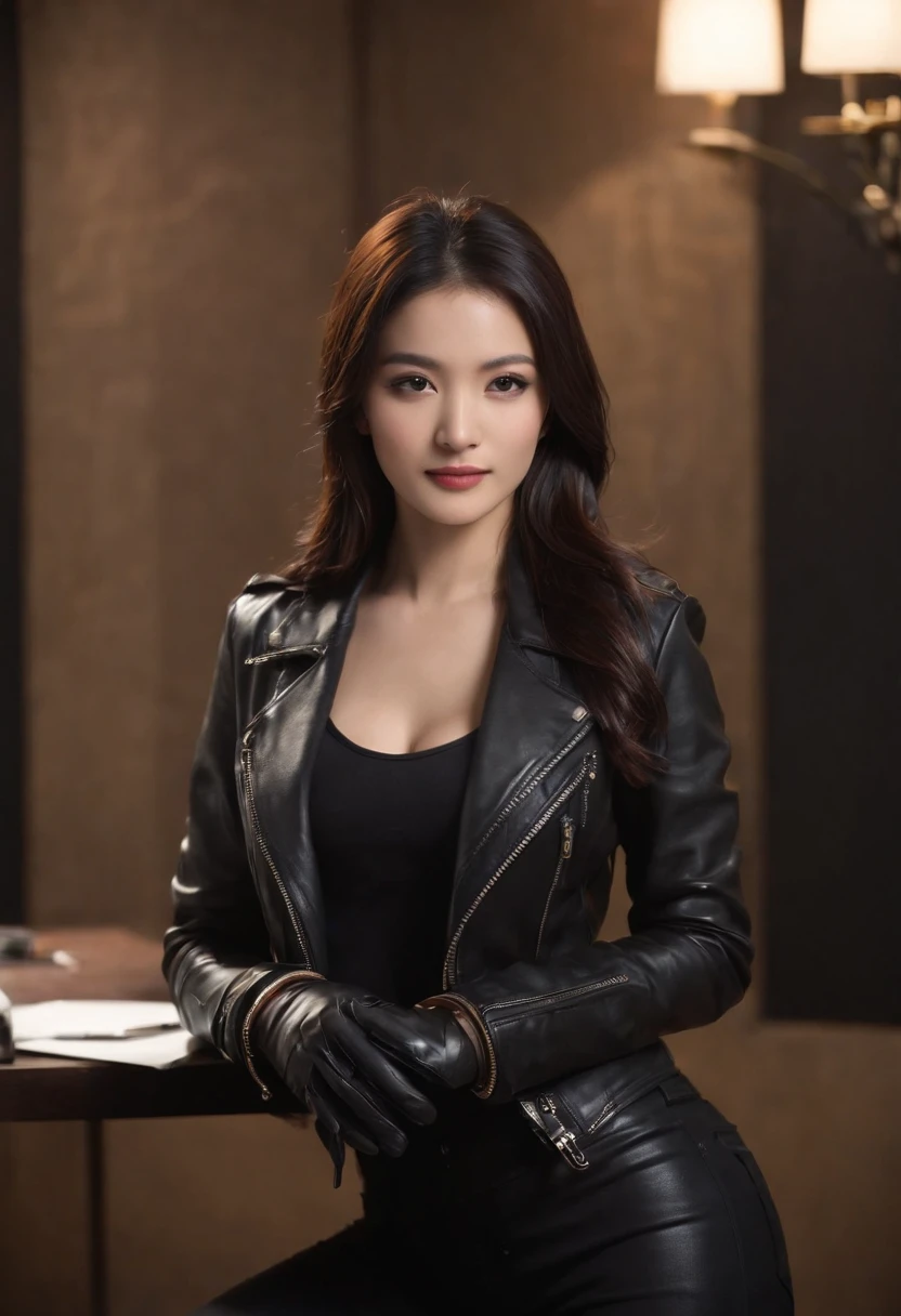 Black leather gloves are worn in both hands Upper body Black leather rider's jacket Black leather skinny pants Black leather long boots Necklace on the ????? Smile at the desk in the modern study in the dark, long straight black hair Young Japanese woman (black leather gloves cover both hands) With the fingers of black leather gloves, sitting on a leather chair, working on the computer, staring at the screen