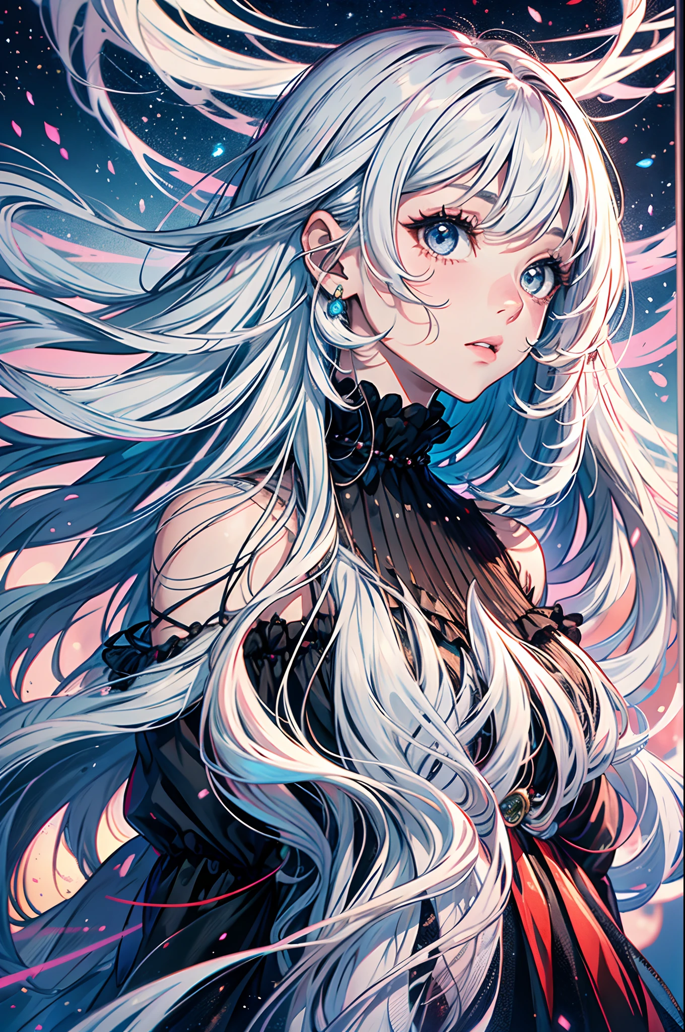 (gradient hair: 1.6), dutch angle, grain of film, chromatic aberration, starly sky, obra-prima, melhor qualidade, foto crua, fotorrealista, absurdres, 1girl, bonito, perspectiva, tiro de cowboy, highres, ultra detalhado, finamente detalhe, extremely long and messy hair, cabelos ao vento,olhos e rosto detalhados, pupilas afiadas, pupilas realistas cor de rosa, foco nítido, 夏天, (vestido longo branco simples: 0.6)