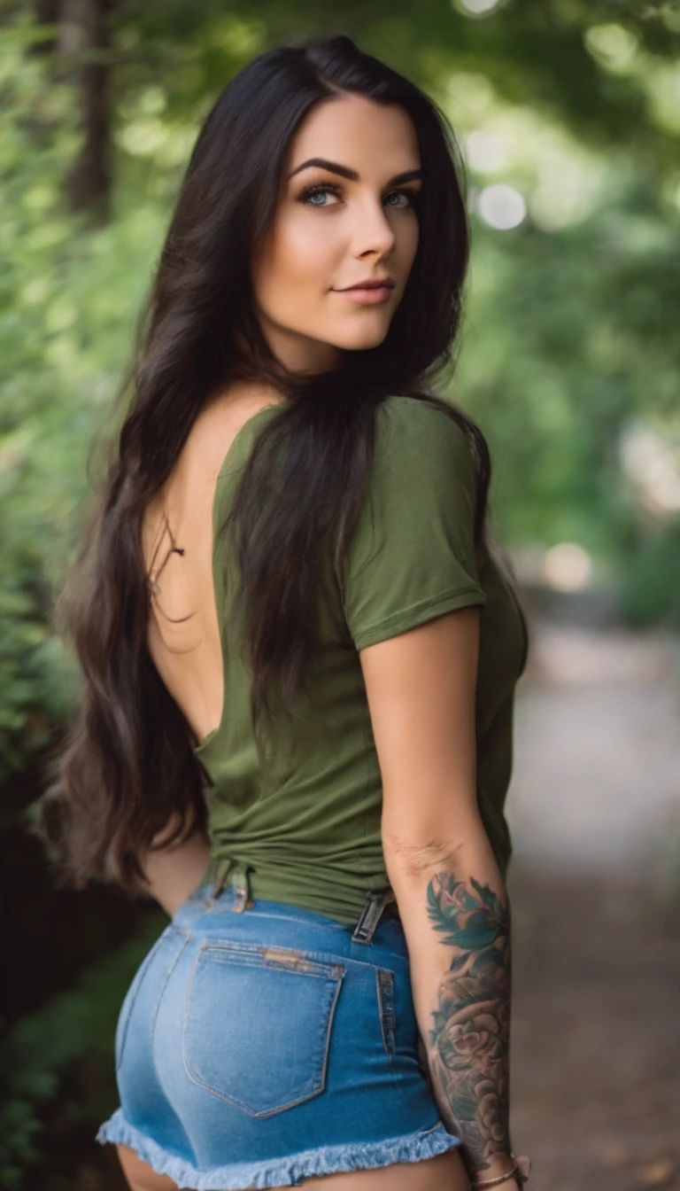 20 year old charming famous female twitch streamer. She has long dark hair light blue green eyes and you can see little bits of her tattoos poking out from behind her short jean mini skirt, t-shirt, and knee high socks.