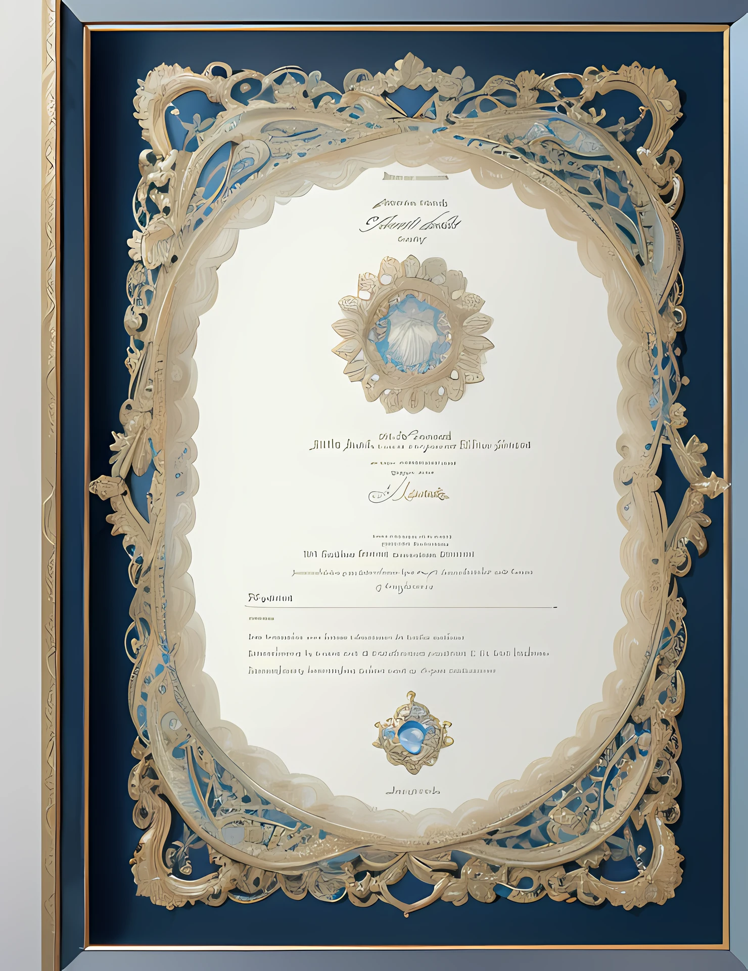 there is a framed picture of a wedding certificate with a blue background, highly detailed fine art, very detailed fine art, judy boyle intricate, intricately detailed, intricate details in the frames, gold detailed line work, an intricate, intricately detailed engravings, intricate and finely detailed, with an intricate, intricately defined, highly intricately detailed