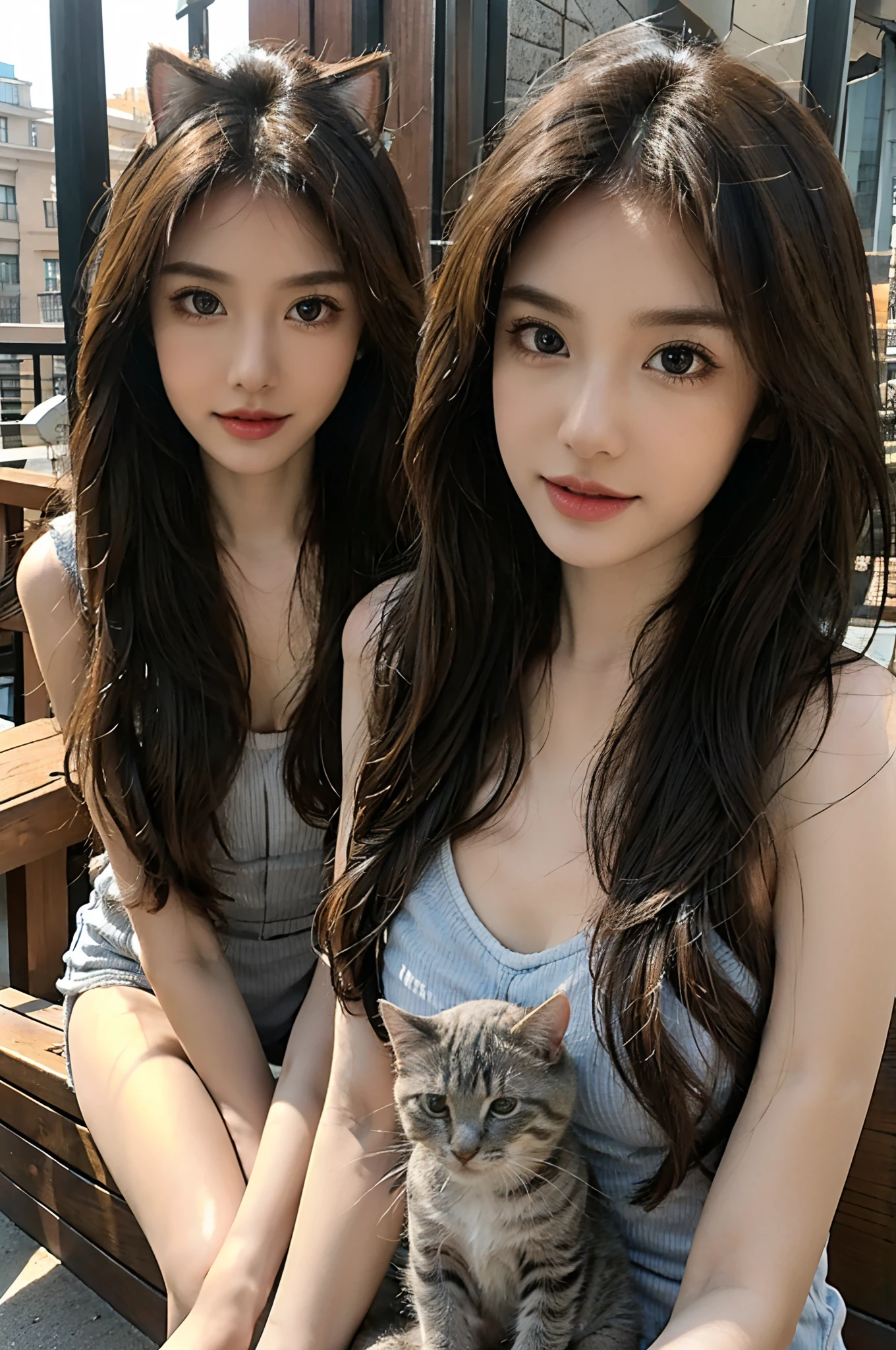 Cartoon, Disney style, oil painted, Intricate, Two adult cats,two kittens, on a rooftop, Can feature portraits, kindness, Beauty, softness, Big beautiful eyes, voluminetric lighting, Beautiful, rich deep color, Masterpiece, Sharp focus, Ultra detailed, astrophotography