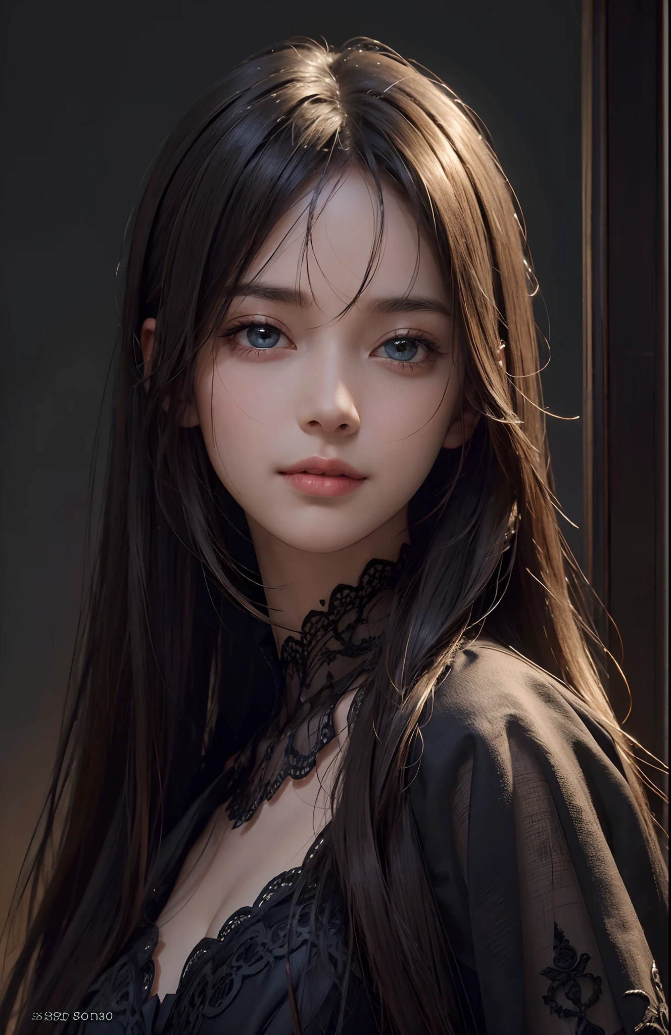 (Ultra Realistic), (Illustration), (Increased Resolution), (8K), (Extremely Detailed), (Best Illustration), (Beautiful and Detailed Eyes), (Best Quality), (Ultra Detailed), (Masterpiece ), ( wallpaper), (detailed face), solo, 1 girl, looking at viewer, fine details, detailed face, in the dark, deep shadows, low key, pureerosfaceace_v1, smiling, long hair, black shawl straight hair , 46 points oblique bangs