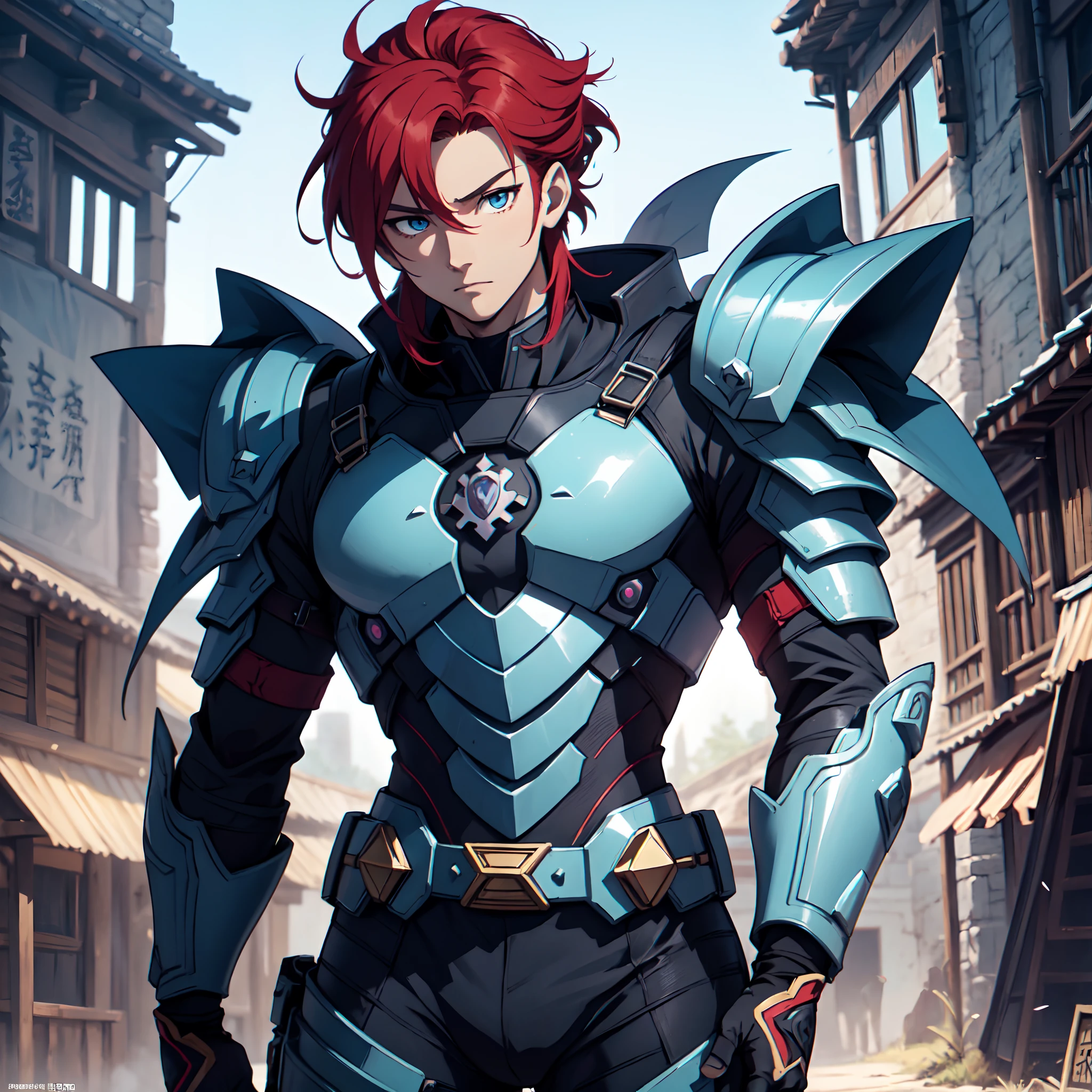 Ultra High Definition, Ultra High Quality, Extremely Detailed, Perfectly Detailed, Masterpiece, 8k, 1 Boy, Look A Like Xin From Kingdom Anime, Handsome, Equipped With All Solid Black Paladin Armor, Solid Light Blue Eyes, Long Red Hair, Body Shot, Ancient Kingdom Background