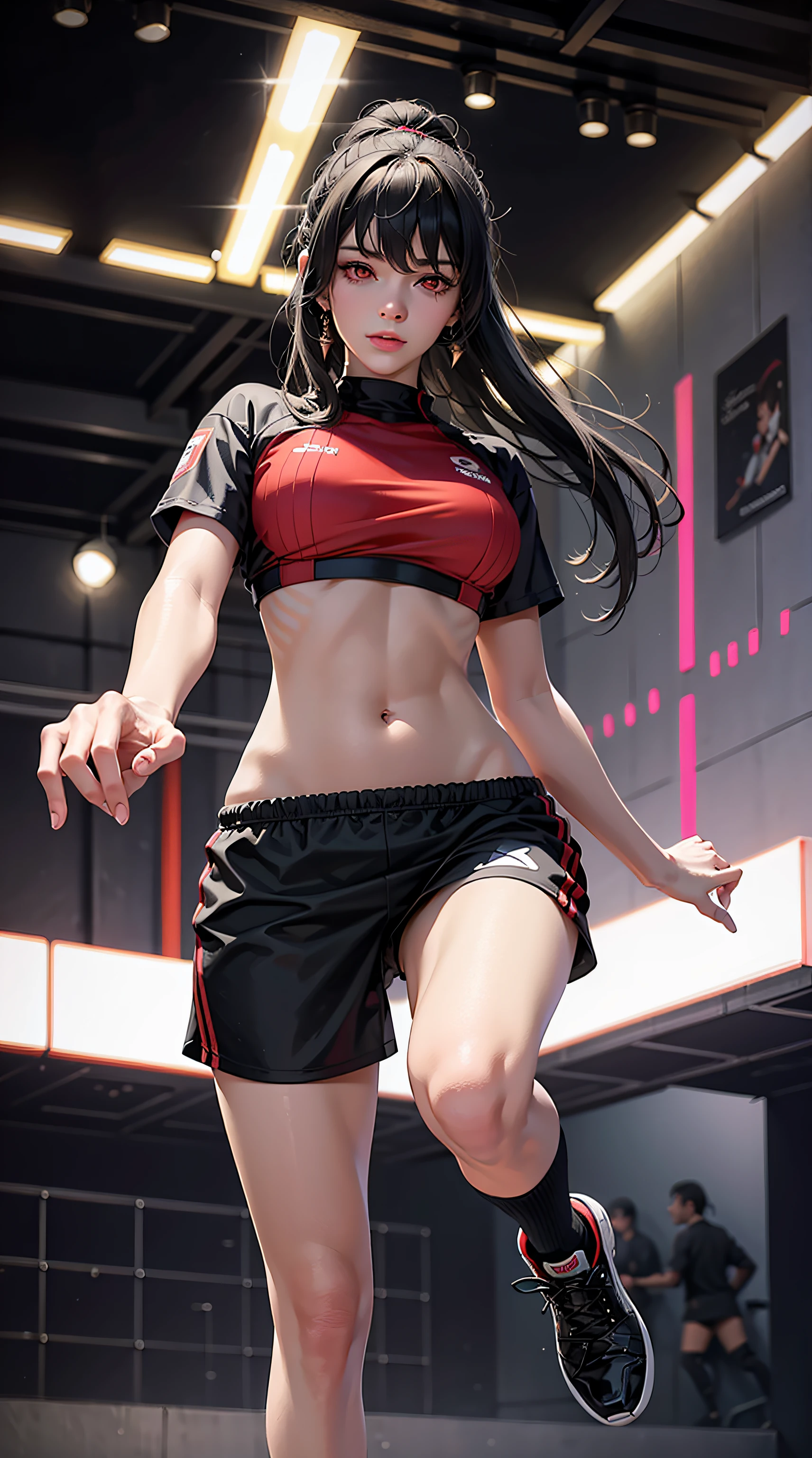 aayorf, red eyes, black hair, long hair, bangs, ponytail, beautiful woman, beautiful, perfect body, perfect breasts, wearing a soccer jersey, soccer pants, soccer shoes, in the middle of the soccer field, looking at the audience, a small smile, realism, masterpiece, textured skin, super detailed, high detail, high quality, best quality, 1080p, 16k