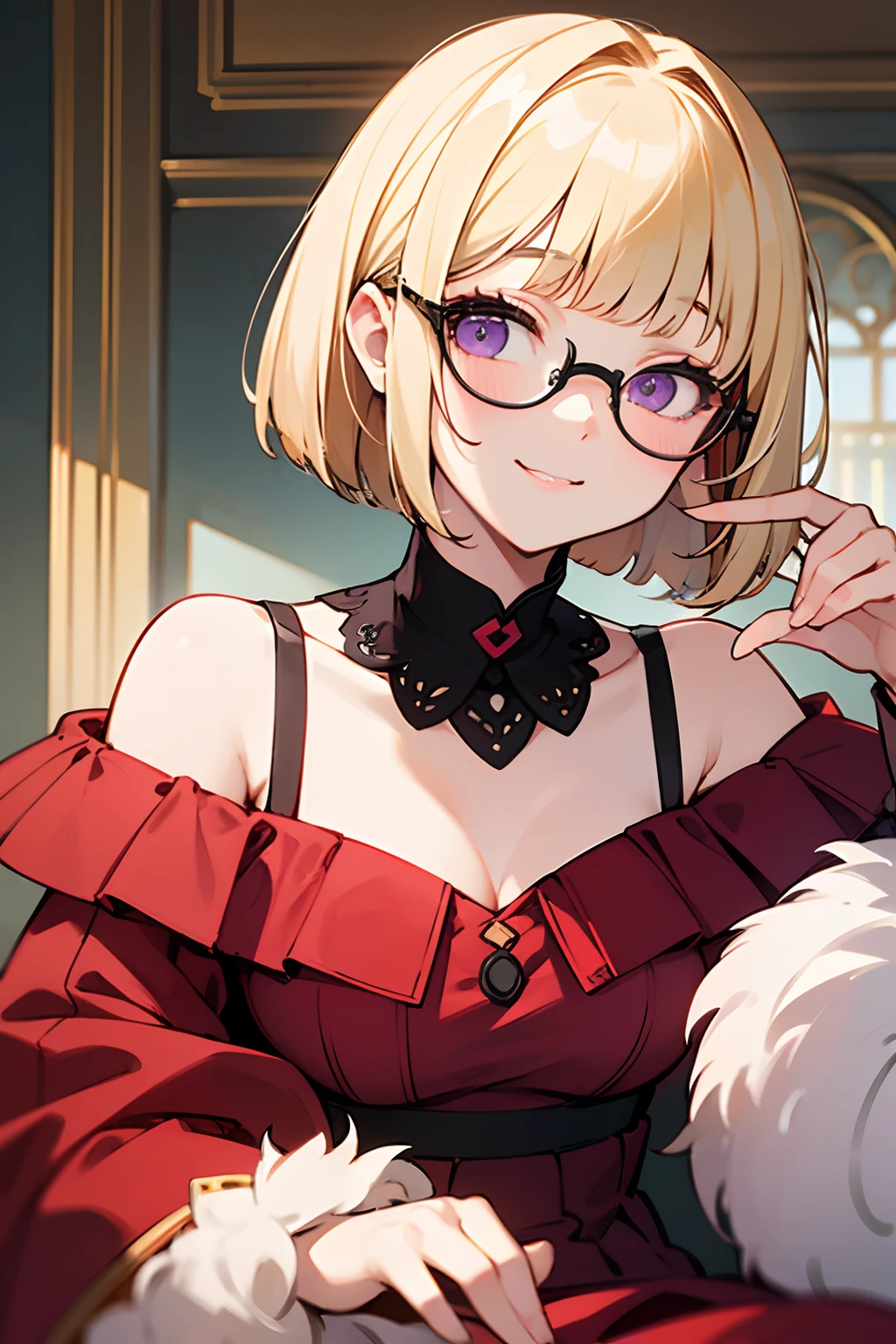 An 18-year-old woman、a blond、Blunt bangs、bob cuts, Straight hair、Purple eyes、red frame glasses、Black Off-Shoulder Inner、Red dress、Long sleeves、A slight smil、study